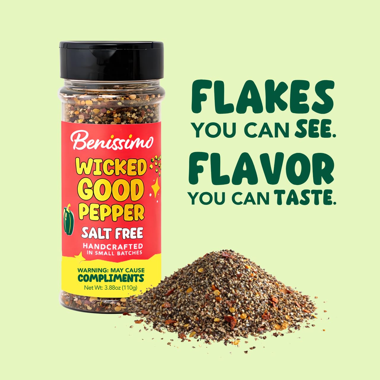 Benissimo Wicked Good Pepper Seasoning, Salt Free Flake & Granule Blend for Meats, Vegetables, Eggs, Pasta, Soups, Stews, Dry Rubs, Grilling & Table
