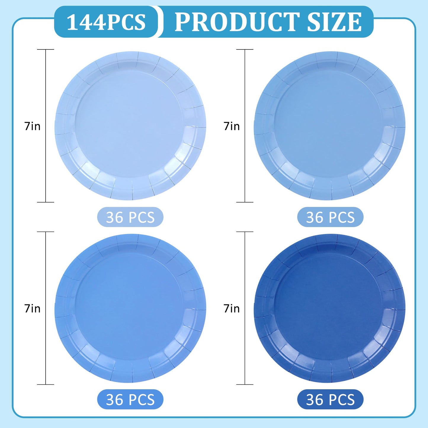Axigundaone 144 Pcs Dusty Blue Paper Plates Bulk, 7 Inch Gradient Blue Cake Plate Disposable, Round Dessert Paper Plates for Birthday, Wedding, Party