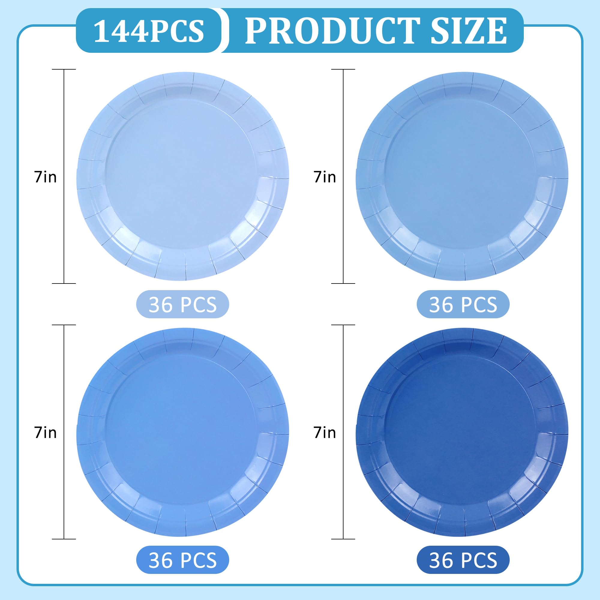 Axigundaone 144 Pcs Dusty Blue Paper Plates Bulk, 7 Inch Gradient Blue Cake Plate Disposable, Round Dessert Paper Plates for Birthday, Wedding, Party