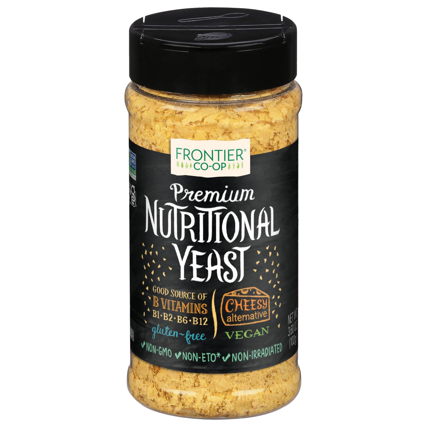 Frontier Co-op Premium Nutritional Yeast Flakes, 3.6 oz. - Vegan, Gluten-Free, Kosher, Non-Irradiated Seasoning, Dairy-Free Cheese Flavor, Rich in B