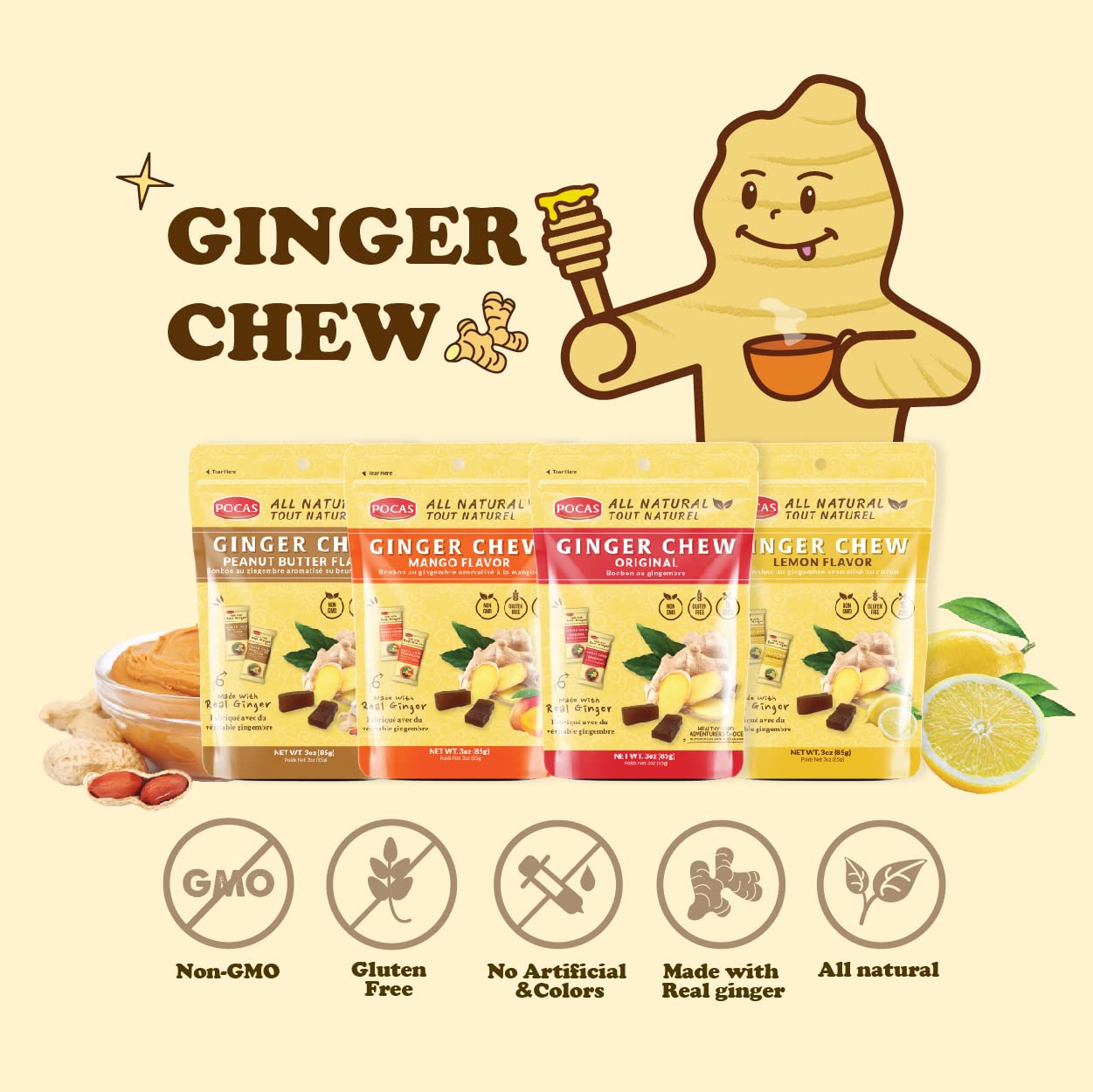 Pocas Ginger Chews Original - Real Ginger Candy Chews, Non-GMO, Gluten-Free, Ginger Candy for Nausea, Morning Sickness Relief, Candied ginger8oz - 1PK