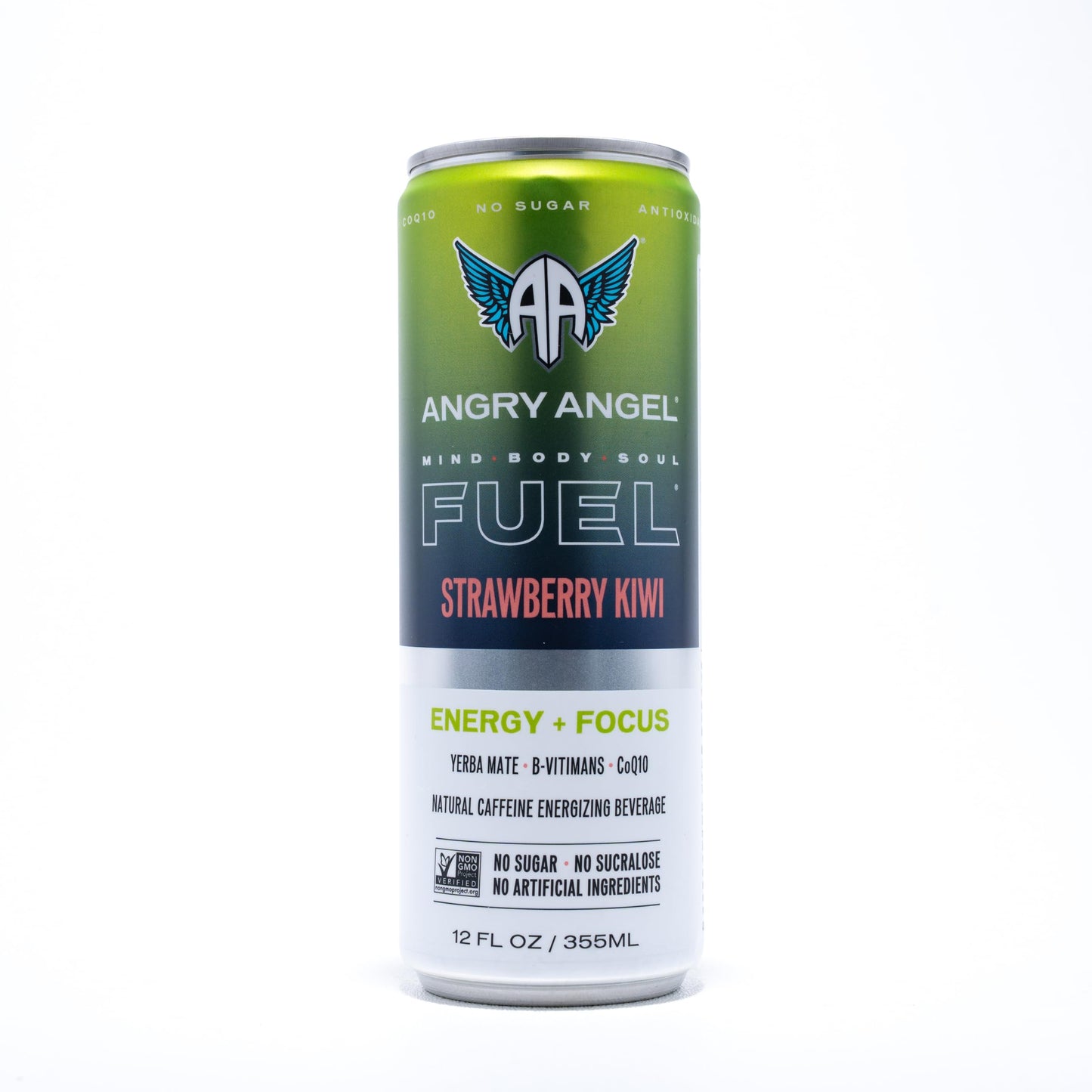 Angry Angel Strawberry Kiwi Natural Energy + Focus Drink (12 count) - Zero Sugar - Natural Caffeine from Yerba Mate - CoQ10 - B Vitamins - 12 oz Cans