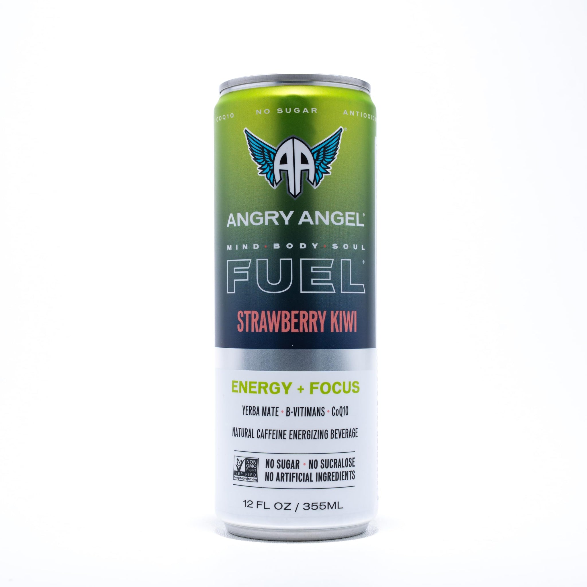 Angry Angel Strawberry Kiwi Natural Energy + Focus Drink (12 count) - Zero Sugar - Natural Caffeine from Yerba Mate - CoQ10 - B Vitamins - 12 oz Cans