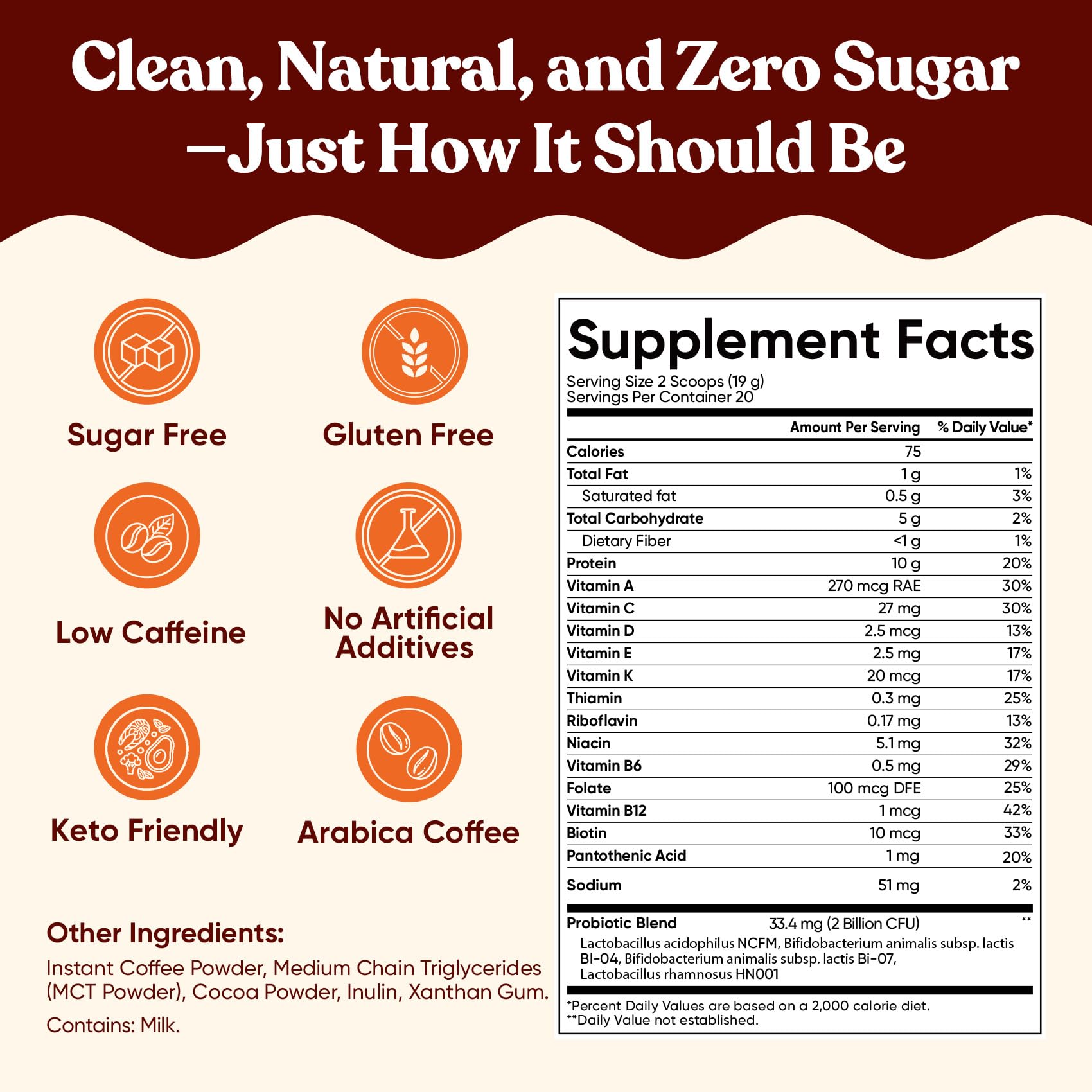 Cold Brew Mocha Iced Coffee, Instant Coffee Beverage with MCT Oil, Probiotics & Fiber, Smooth Mocha Flavor, Gentle Energy with 70mg Caffeine, Keto