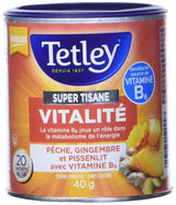 Tetley Super Herbal Tea Boost: Peach Ginger & Dandelion with Vitamin B6 - 20ct Imported from Canada