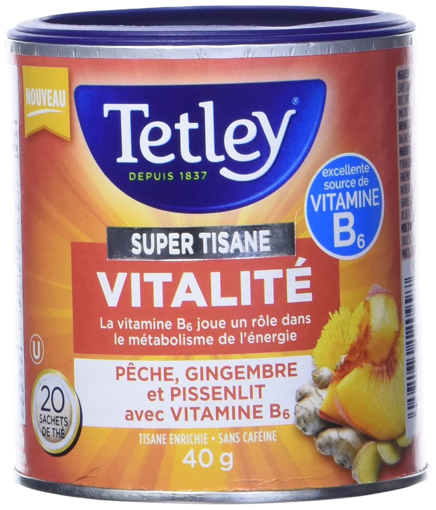 Tetley Super Herbal Tea Boost: Peach Ginger & Dandelion with Vitamin B6 - 20ct Imported from Canada