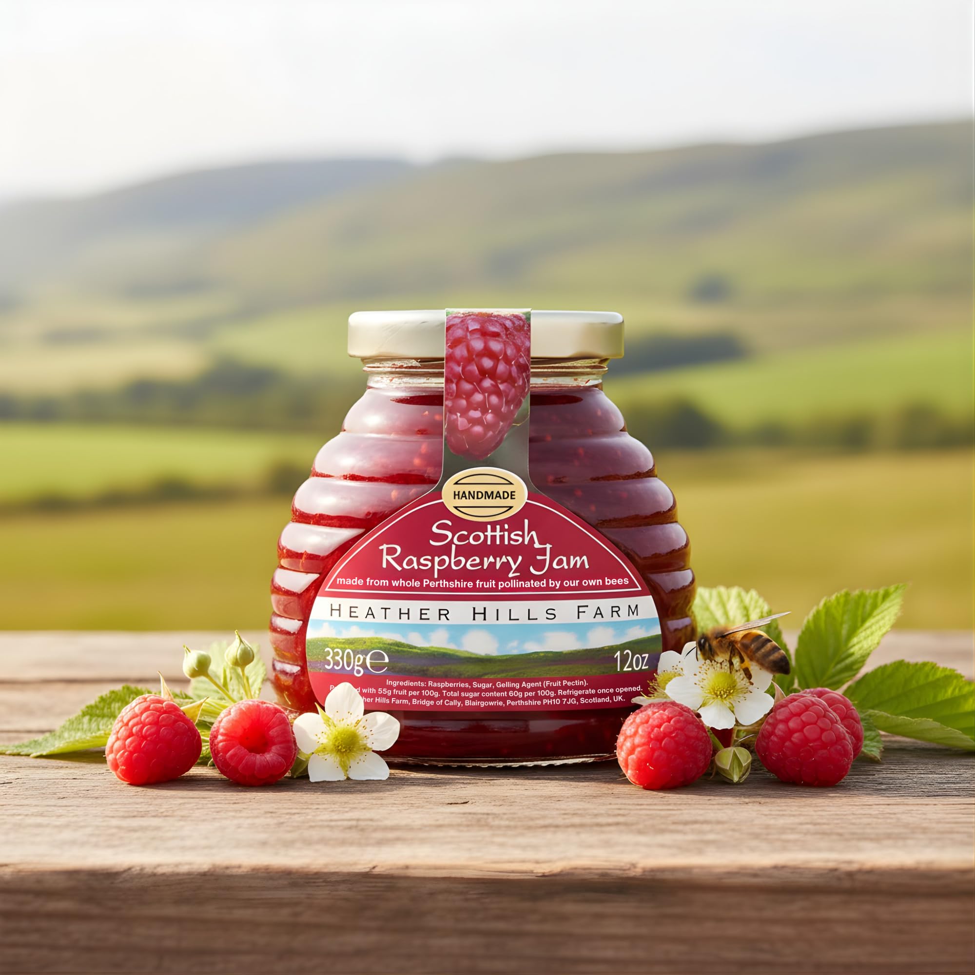 Heather Hills Farm Scottish Raspberry Jam 11.6oz (330g) - Handmade Artisan Fruit Preserve, Tart Natural Soft Set Jam, Scottish Food Gift from