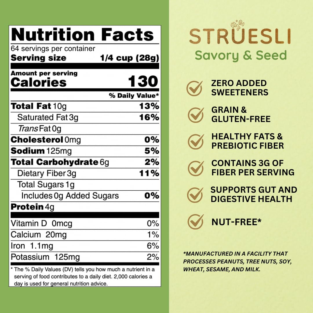 Struesli Savory & Seed Organic Granola, Nut, Grain & Gluten Free, Healthy Snacks with Pumpkin, Sunflower & Chia Seeds, Hemp Hearts, Flax, Tiger Nuts