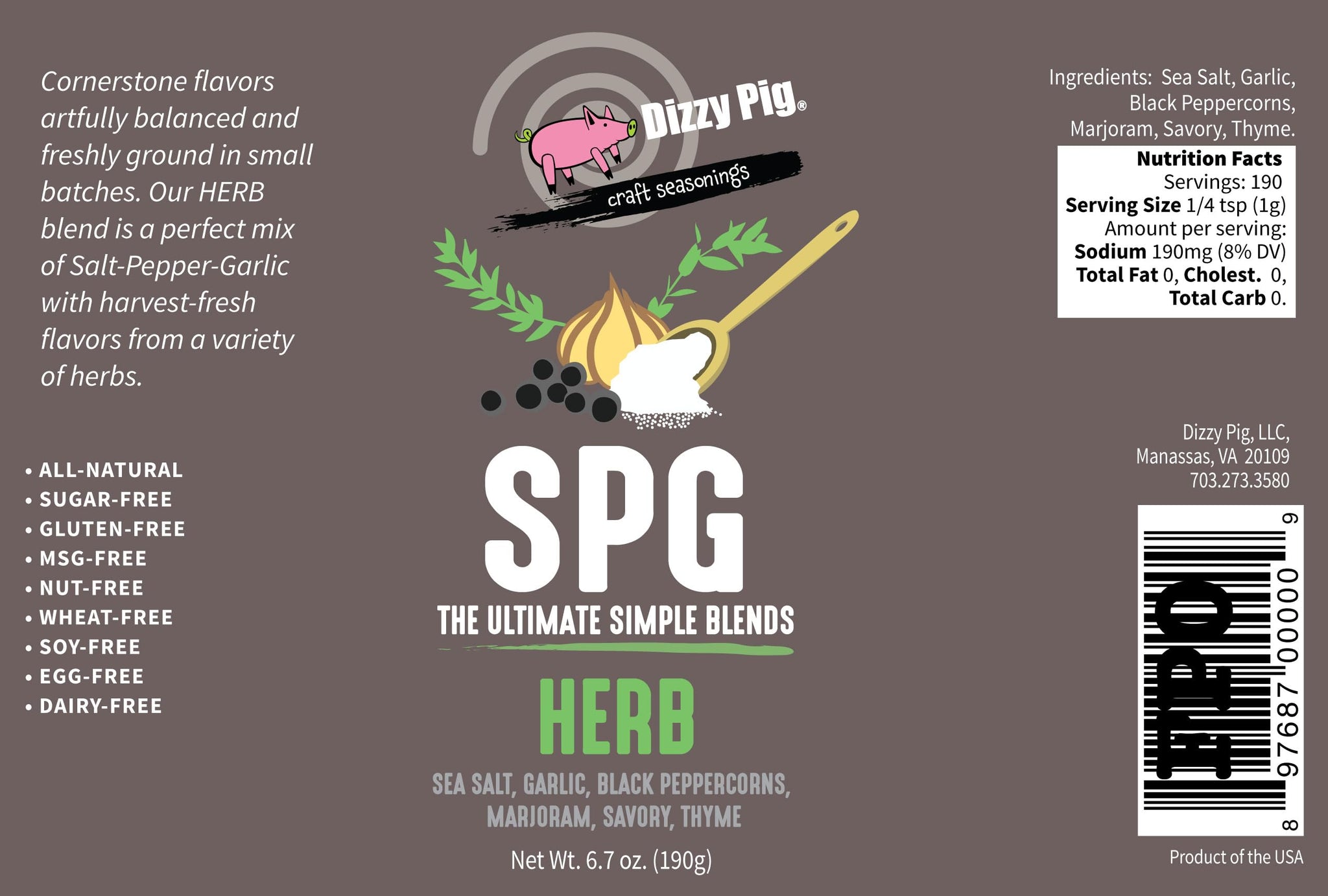 Dizzy Pig SPG Herb (Salt, Pepper & Garlic) Seasoning Rub (8oz Shaker) - Seasons 30+lbs of Food - Hand Made in the USA - MSG Free, Gluten Free