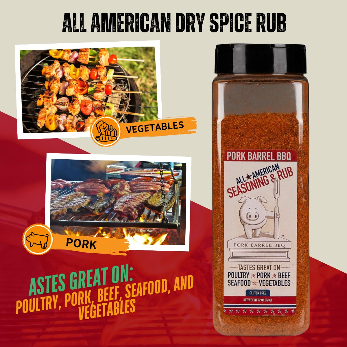 Pork Barrel BBQ All-Purpose BBQ Seasoning & Rub | Sugar-Free, Gluten-Free, MSG-Free | All American BBQ Seasoning for Chicken, Beef & Pork - 22oz Jar