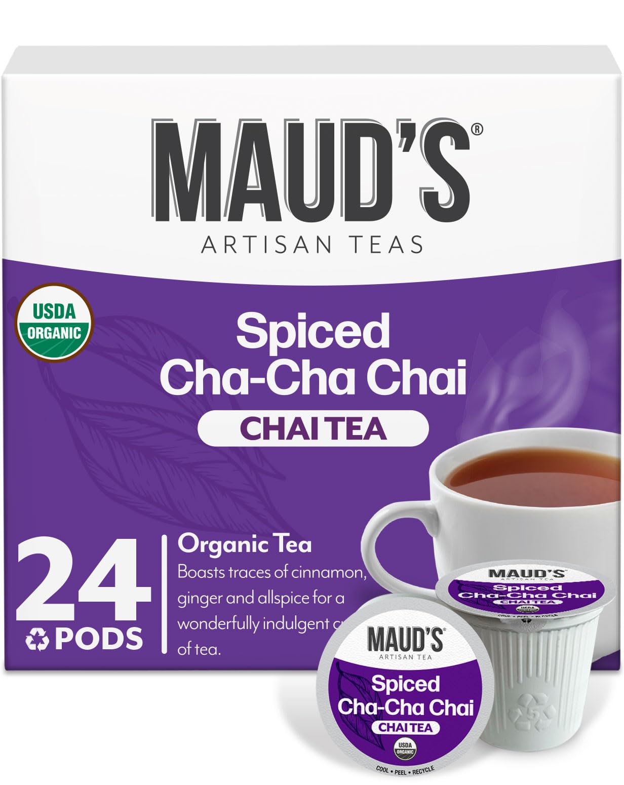 Maud's Organic Chai Tea Pods, 24 ct, Single Serve Tea Pods - 100% Gourmet Blended Tea Leaves, Compatible with Keurig K Cups Maker