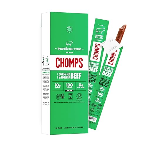 Chomps Grass-Fed and Finished Jalapeño Beef Jerky Snack Sticks 10-Pack - Keto, Paleo, Whole30, 10g Lean Meat Protein, Gluten-Free, Zero Sugar Food