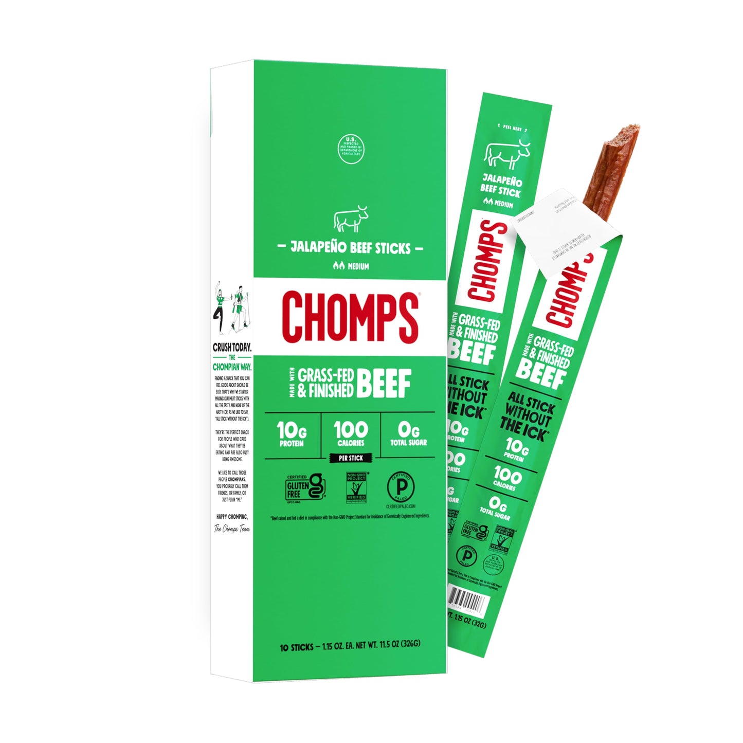 Chomps Grass-Fed and Finished Jalapeño Beef Jerky Snack Sticks 10-Pack - Keto, Paleo, Whole30, 10g Lean Meat Protein, Gluten-Free, Zero Sugar Food