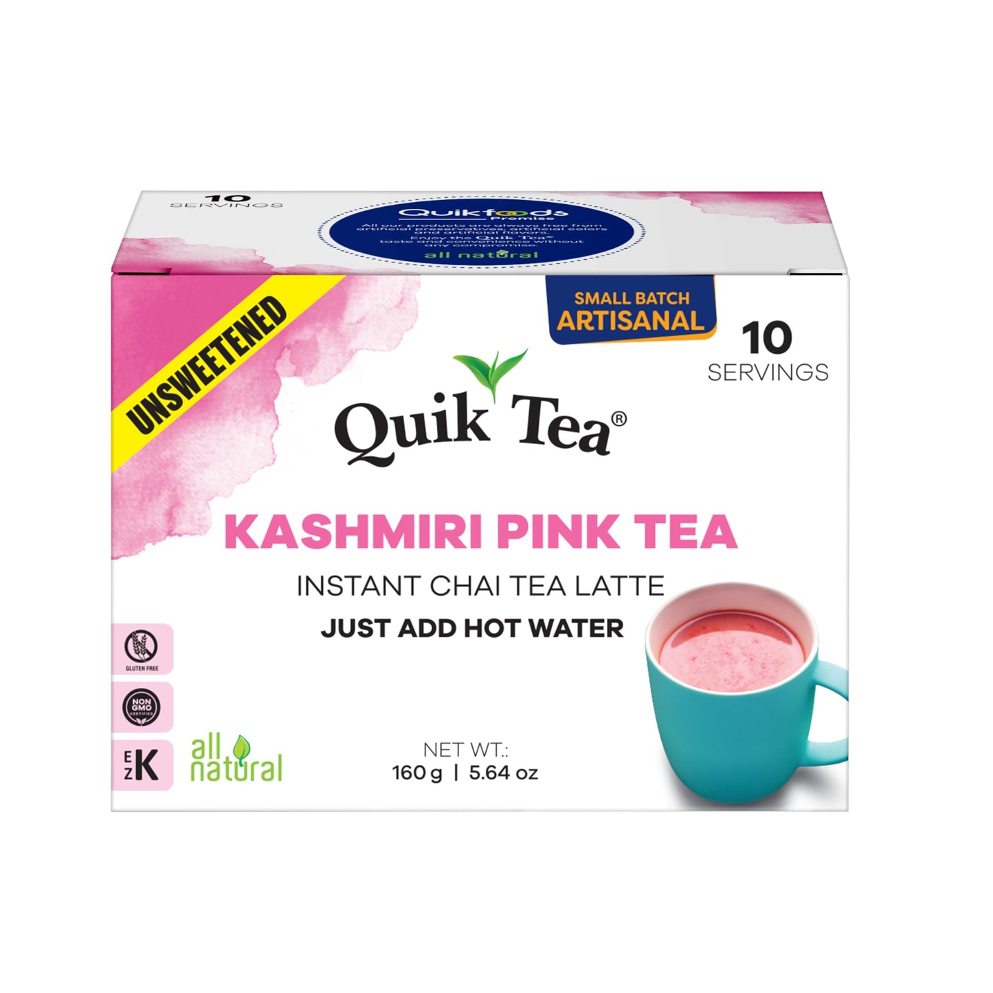 QuikTea Instant Unsweetened Kashmiri Pink Chai Tea Latte - 10 Count, Natural Pink Color with Hearty Spices Extracts, Low Caffeine, No Artificial