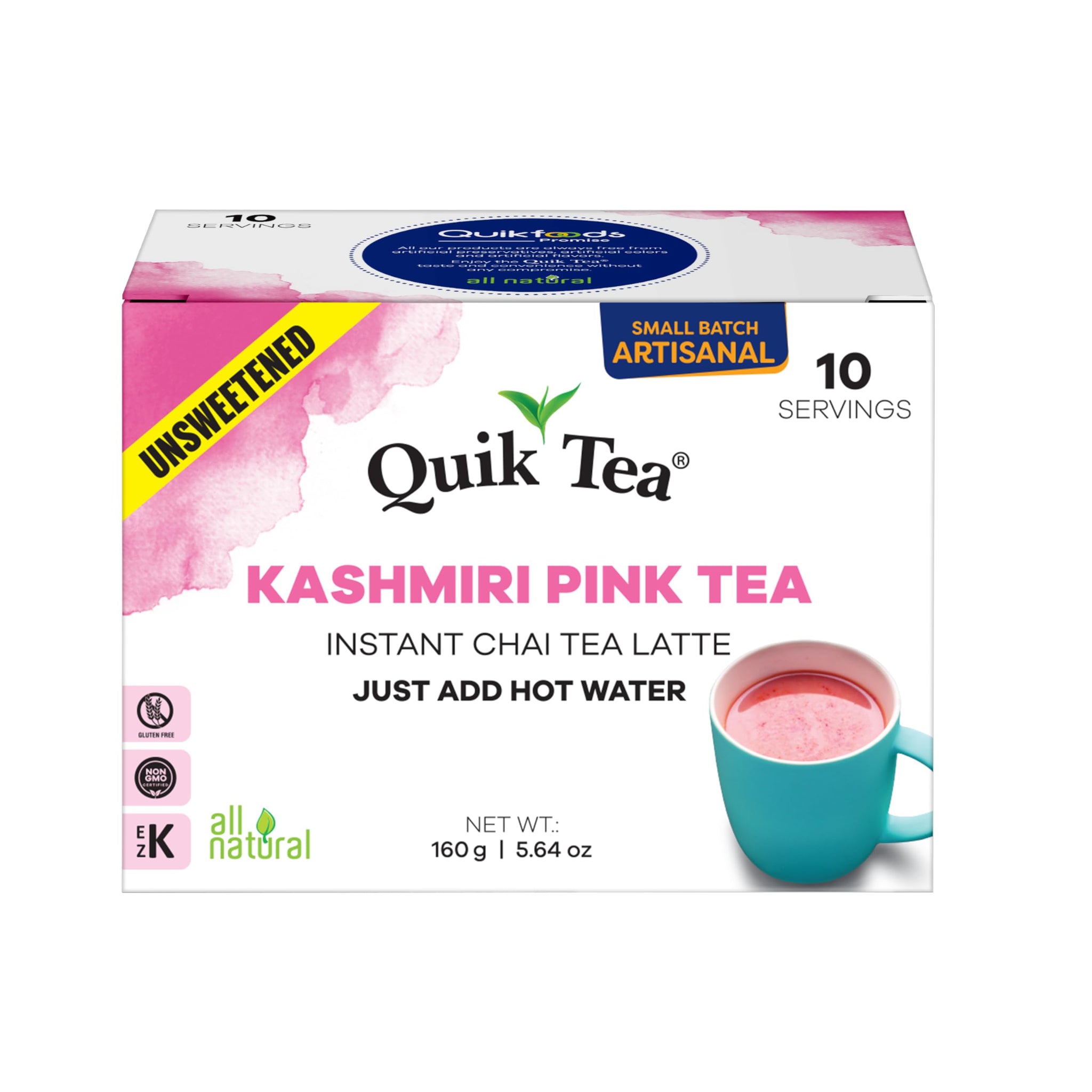 QuikTea Instant Unsweetened Kashmiri Pink Chai Tea Latte - 10 Count, Natural Pink Color with Hearty Spices Extracts, Low Caffeine, No Artificial