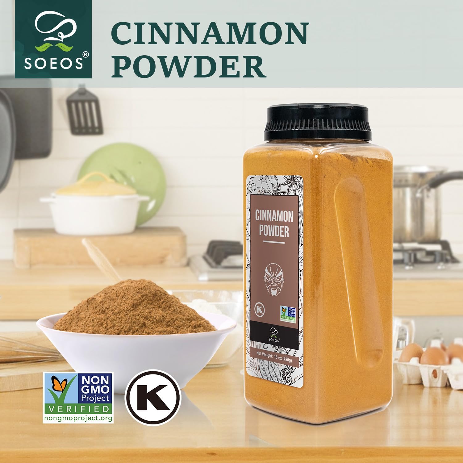 Soeos Cinnamon Powder, 15 oz (425g), Ground Cinnamon, 100% Raw, Non-GMO, Kosher Certified, Seasoning Spice for Coffee, Baking, Cooking and Beverages