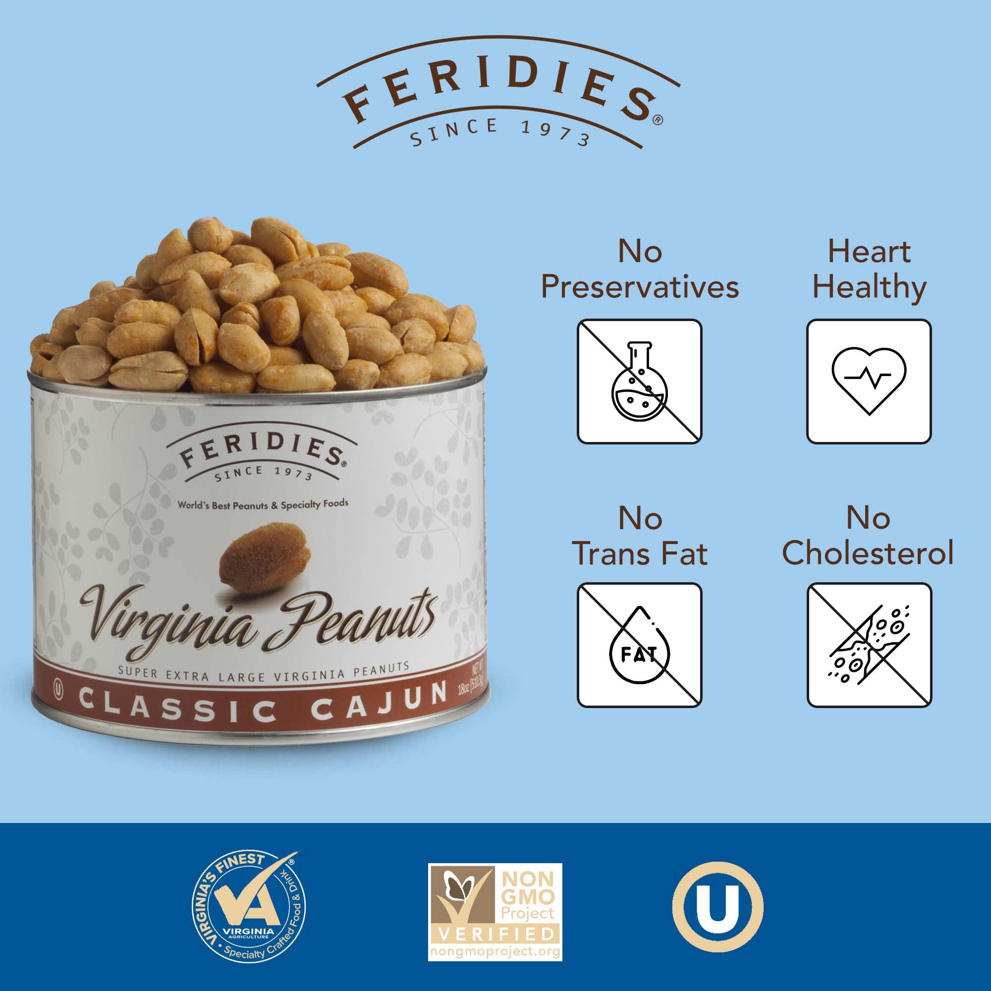 FERIDIES Cajun Virginia Peanuts, Super Extra Large, Spicy Snacks with Secret Seasoning, Gluten Free, 18oz Can 18 Ounce Cajun