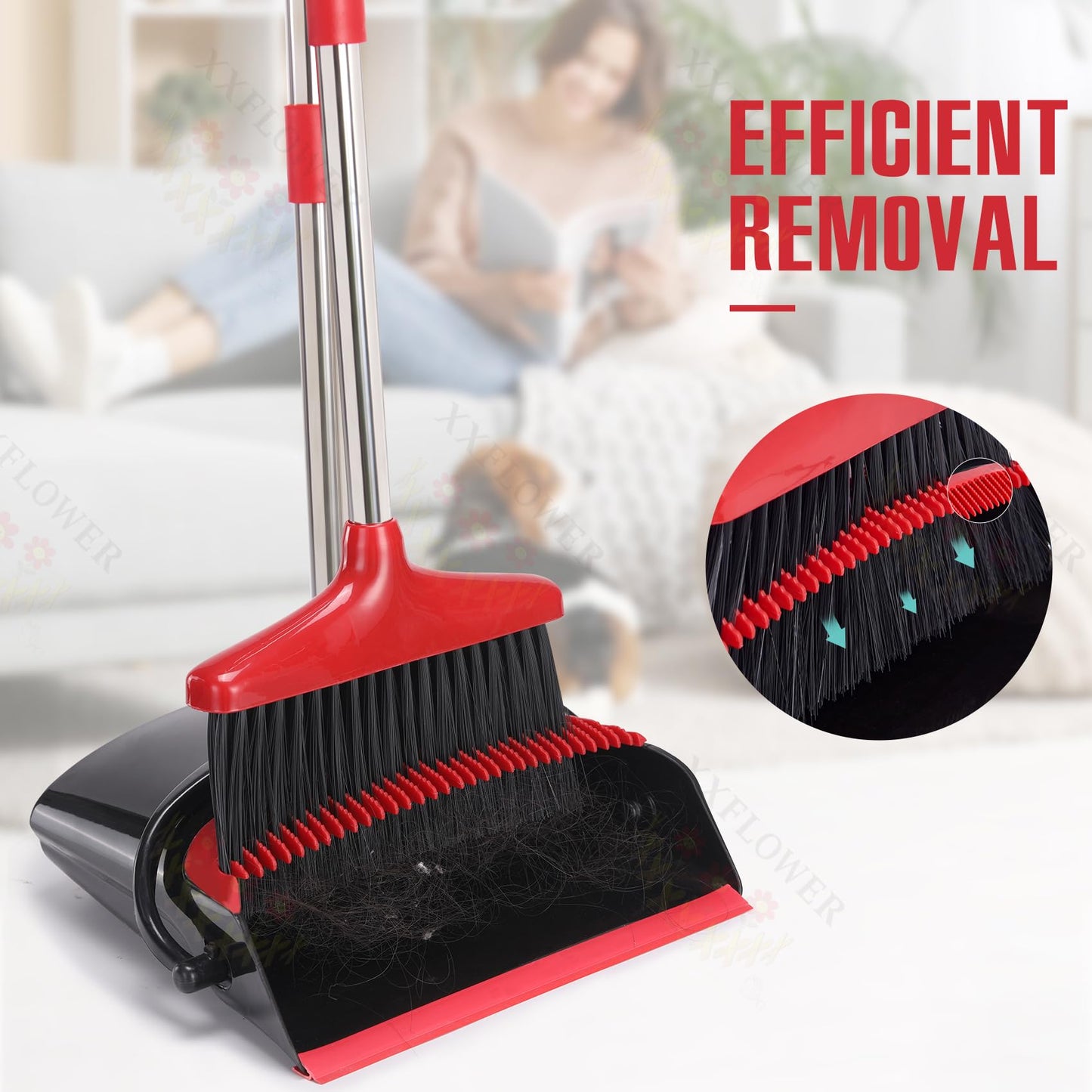 XXFLOWER Broom and Dustpan Set with Long Handle, Light Weight Stainless Steel Poles Stand Upright Dustpans with Broom Combo for Home Kitchen Office