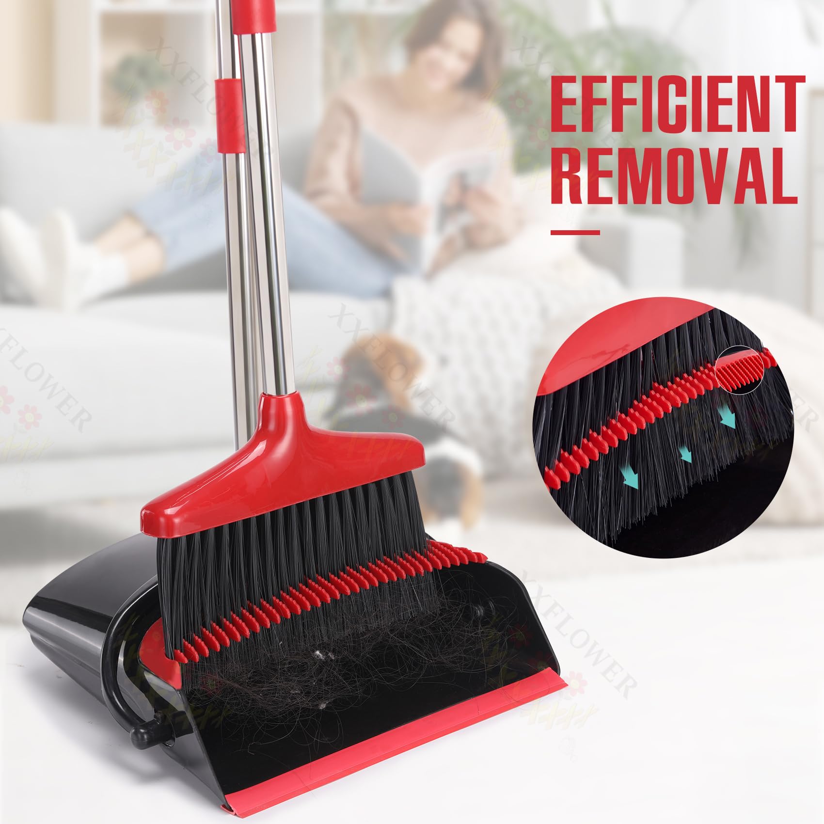 XXFLOWER Broom and Dustpan Set with Long Handle, Light Weight Stainless Steel Poles Stand Upright Dustpans with Broom Combo for Home Kitchen Office