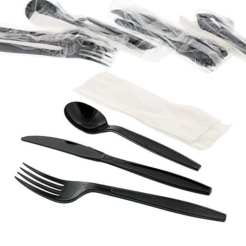 AmerCareRoyal 4-in-1 Disposable Silverware Heavy Weight Plastic Utensil Set with Soup Spoon, Fork, Knife and 13x17 inch Napkin - Individually Wrapped