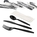 AmerCareRoyal 4-in-1 Disposable Silverware Heavy Weight Plastic Utensil Set with Soup Spoon, Fork, Knife and 13x17 inch Napkin - Individually Wrapped