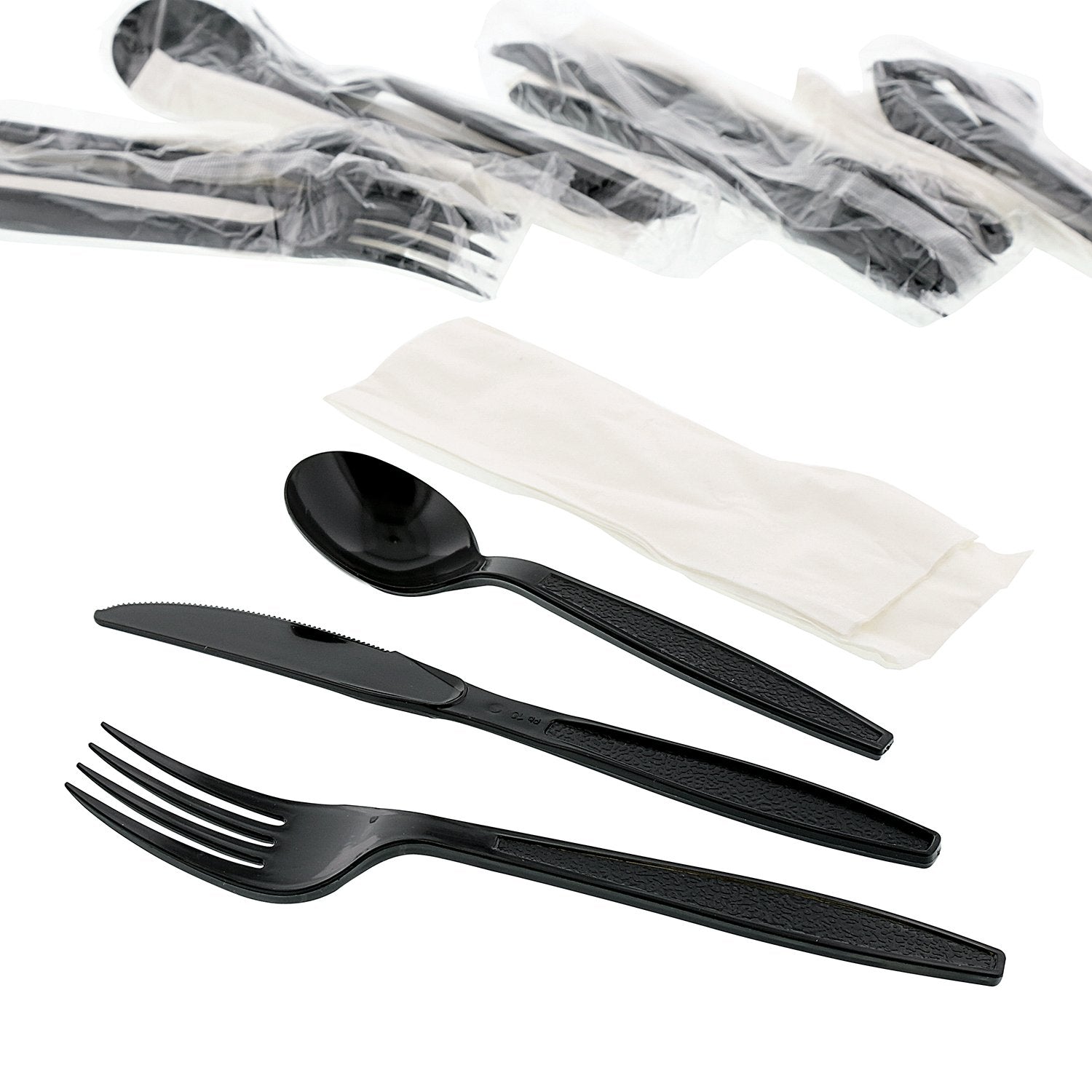 AmerCareRoyal 4-in-1 Disposable Silverware Heavy Weight Plastic Utensil Set with Soup Spoon, Fork, Knife and 13x17 inch Napkin - Individually Wrapped