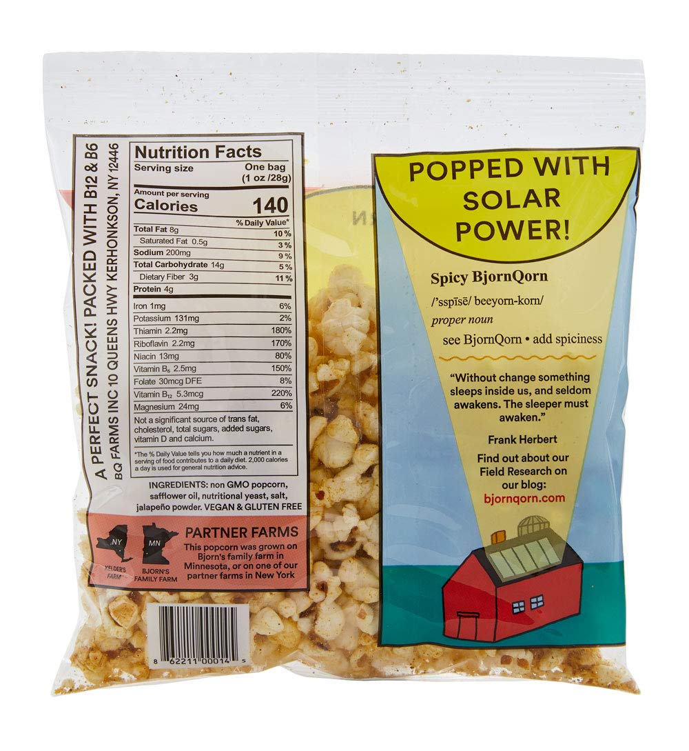 BjornQorn Mini Bag 30-Pack (Spicy) - Vegan & Gluten-Free Popcorn - Cheesy, Spicy, Umami - (30 1oz bags)