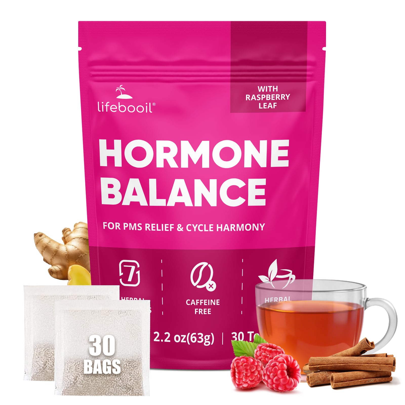 Lifebooil Hormone Balance Tea for Women | Caffeine-Free Herbal Tea with 7 Herbal Ingredients (Red Raspberry Leaf, Spearmint, Nettle, Ginger & More) |