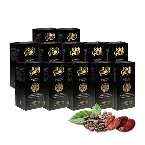 Rich Gano Reishi Mushroom Coffee - (12 Boxes of 30 Sachets) Black Coffee with Ganoderma Extract - All Natural Vegan Friendly Instant Coffee Packets
