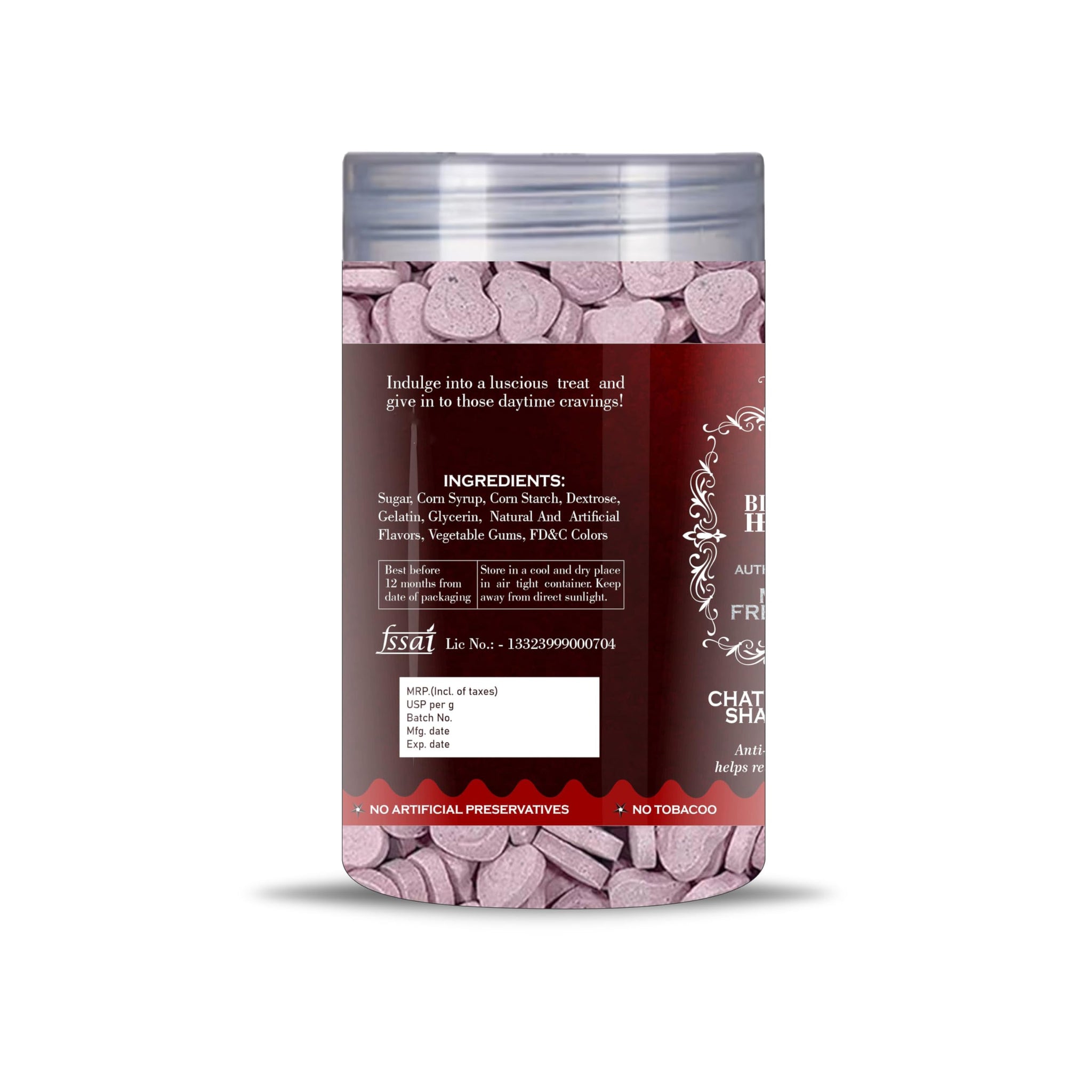 Blessfull Healing Chatpata Heart Shape Candy 5 Oz(Ounce) Airtight Container With Spoon