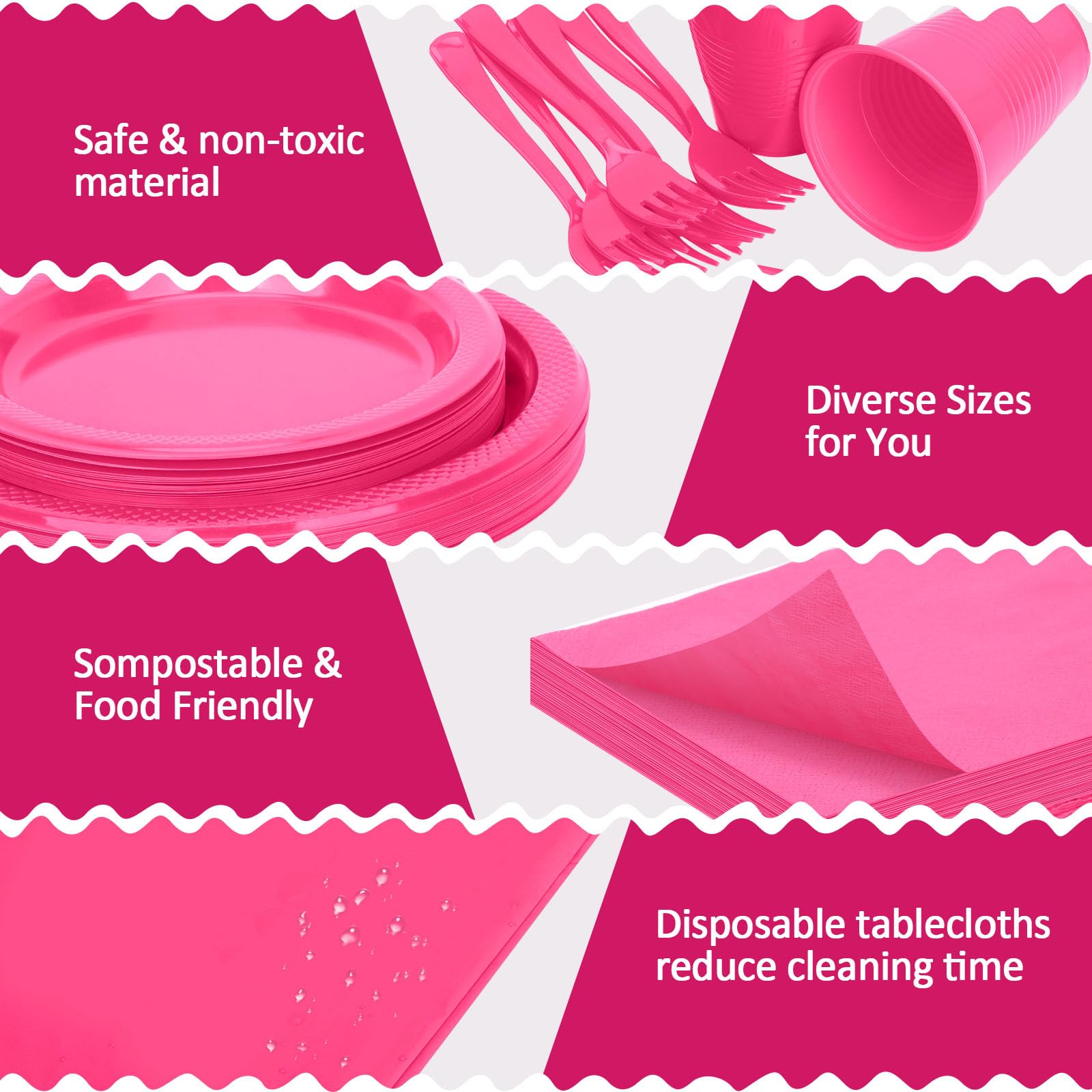 CLIYTICA Hot Pink Plastic Plates for Party,30 Guest Disposable Plastic Plate Set 9" Plates,7" Dessert Plates,Napkins,12 oz Cups,Forks & Tablecloth