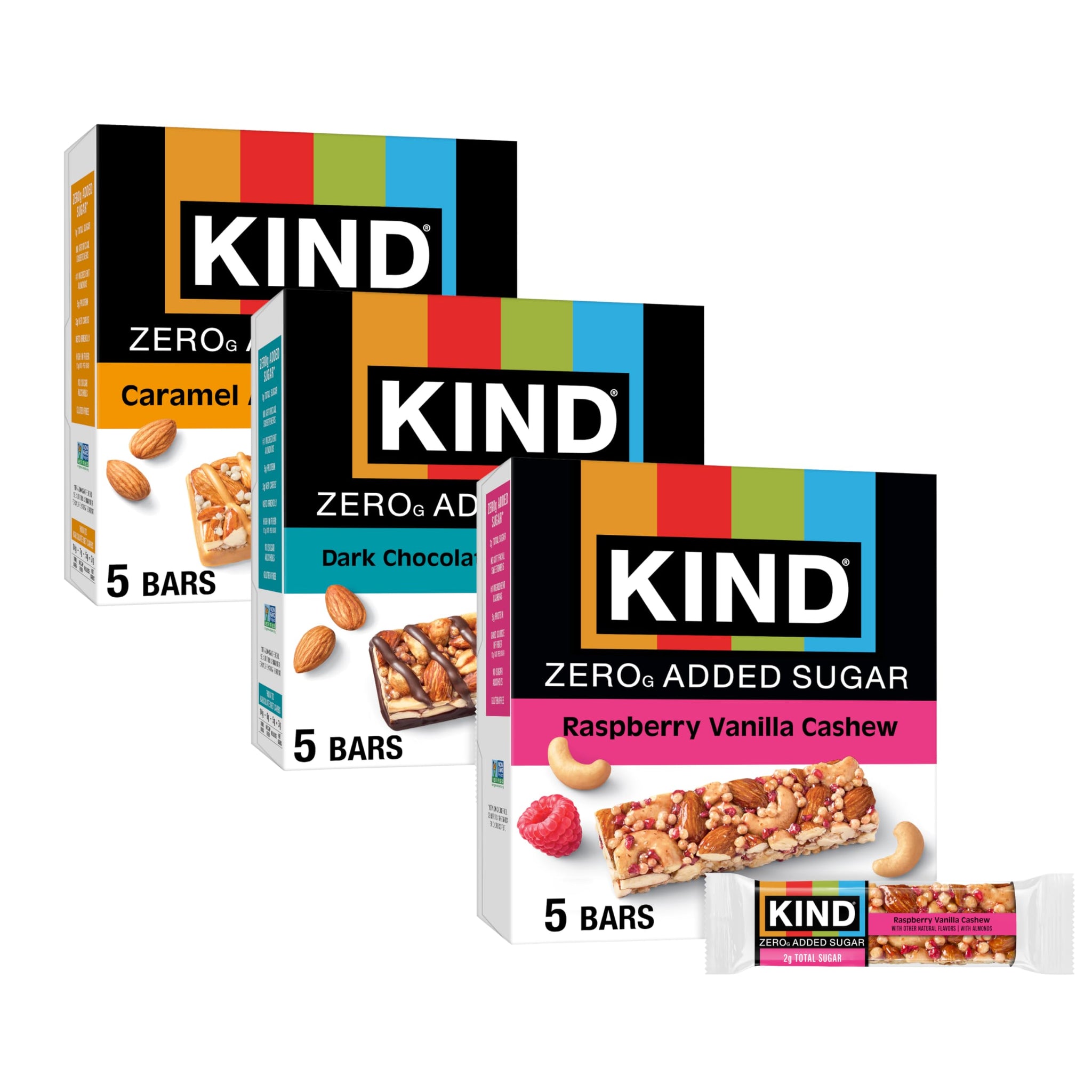 KIND Zero Added Sugar Bars Variety Pack, Dark Chocolate Nuts & Sea Salt, Caramel Almond Sea Salt, Raspberry Vanilla Cashew, Low Sugar, Keto-Friendly