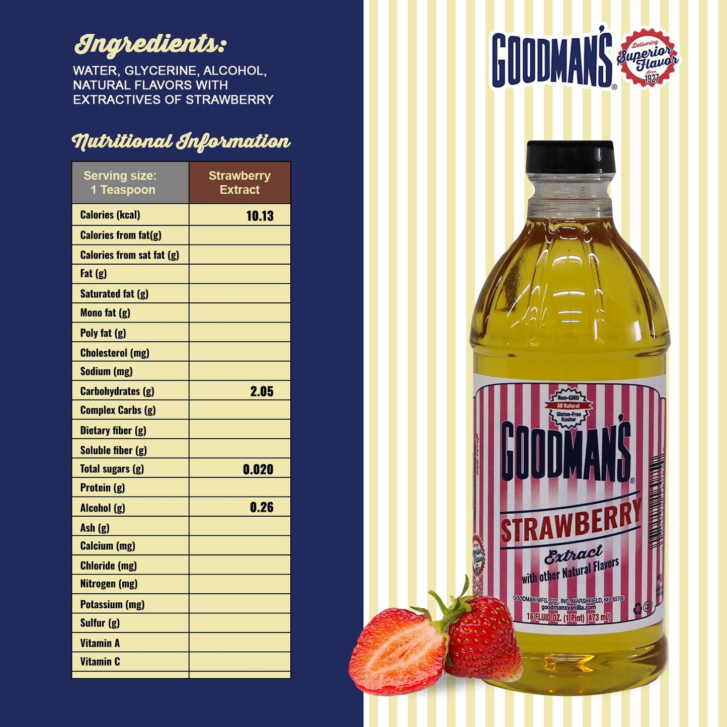 Goodman's Natural Strawberry Extract - Gluten-Free, Non-GMO, Kosher, Low Carb & Low Calorie, Low Alcohol, No Artificial Color, No Animal Products, No