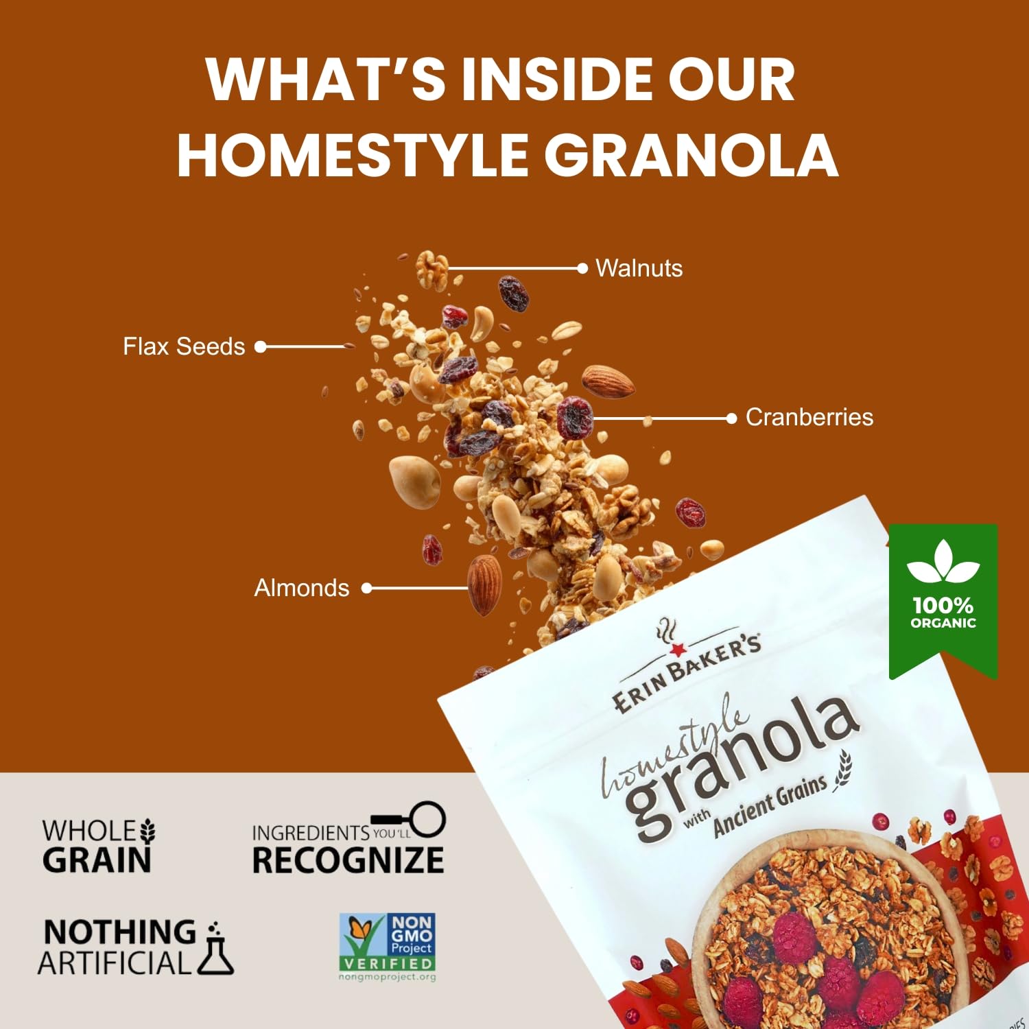 Erin Baker’s Homestyle Fruit and Nut Granola with Ancient Grains - Made from Natural Ingredients, Crunchy Texture, Versatile Snack or Cereal - Vegan