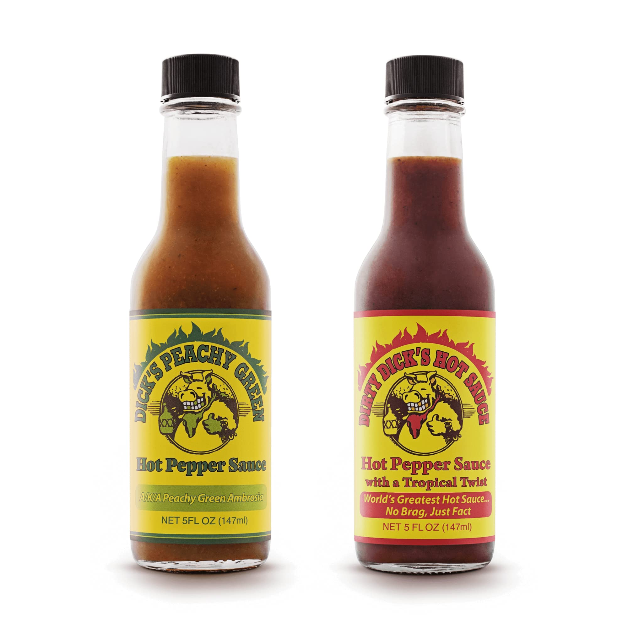 Dirty Dicks Hot Sauce Combo, 5 Fl Oz (Pack of 2) - Original Bold & Spicy and Peachy Green Sweet & Spicy Flavors