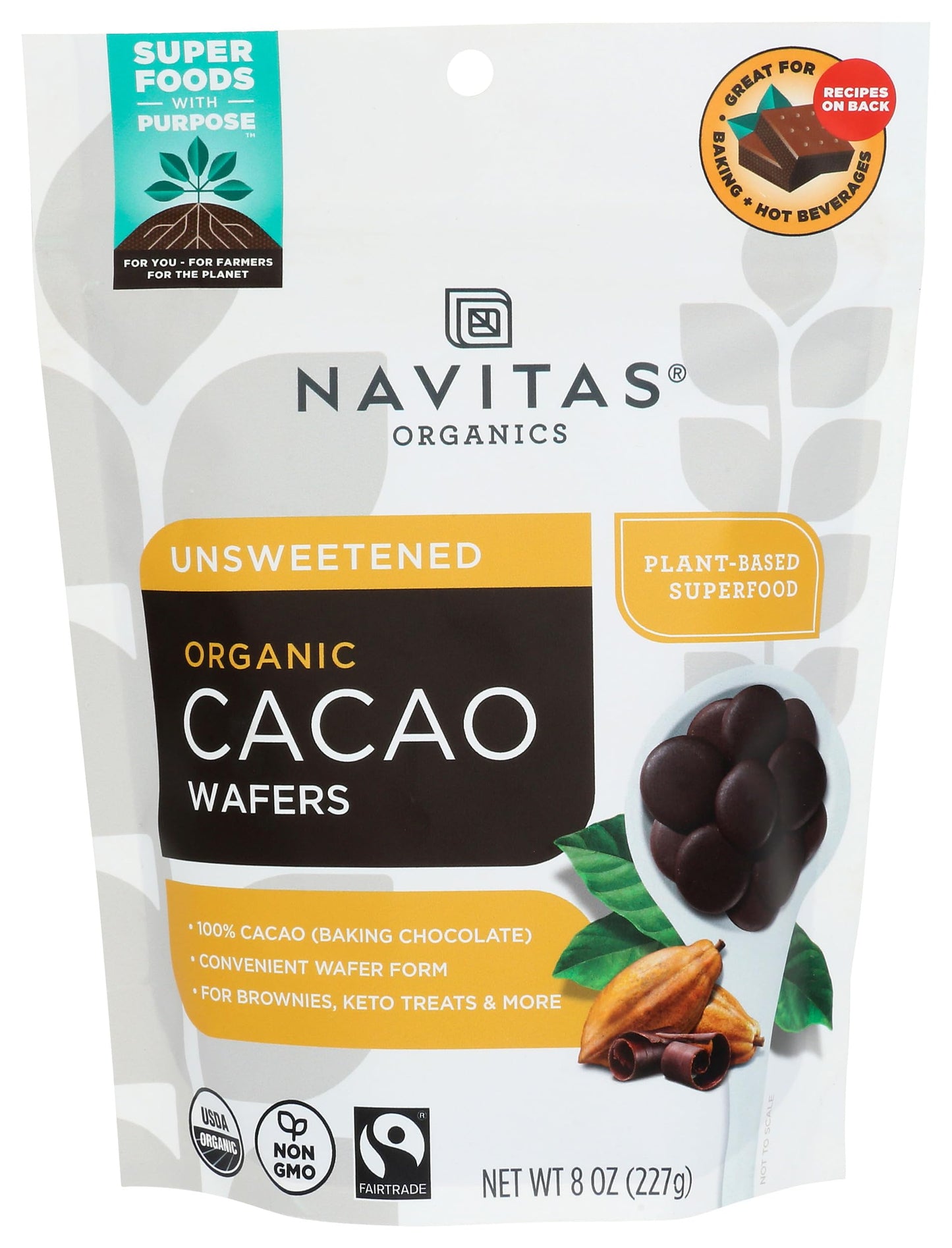 Navitas Organics Cacao Wafers - 100% Cocoa - Baking Chocolate For Hot Cocoa, Brownies, Cakes & More - Easy To Melt & Measure - USDA Organic, Fairtrade, Non GMO, Gluten Free (8oz. Bag, 17 Servings)