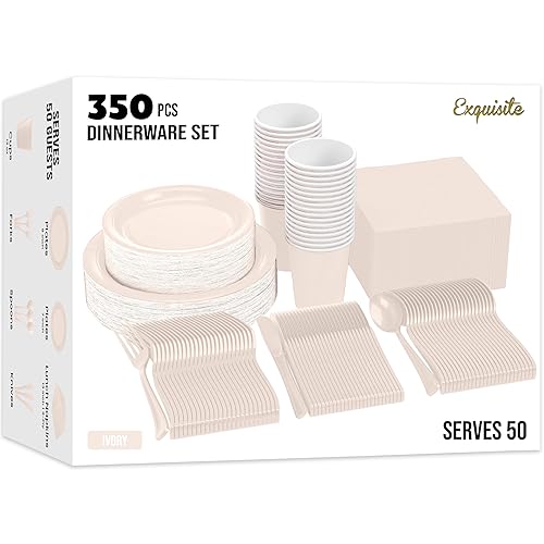 Exquisite 350 Pcs Ivory Paper Plates For Party, Ivory Disposable Plates Set, 50 Of Each 9" Dinner Plate Set, 7" Dessert Plate, Cups, Napkins & Cutlery