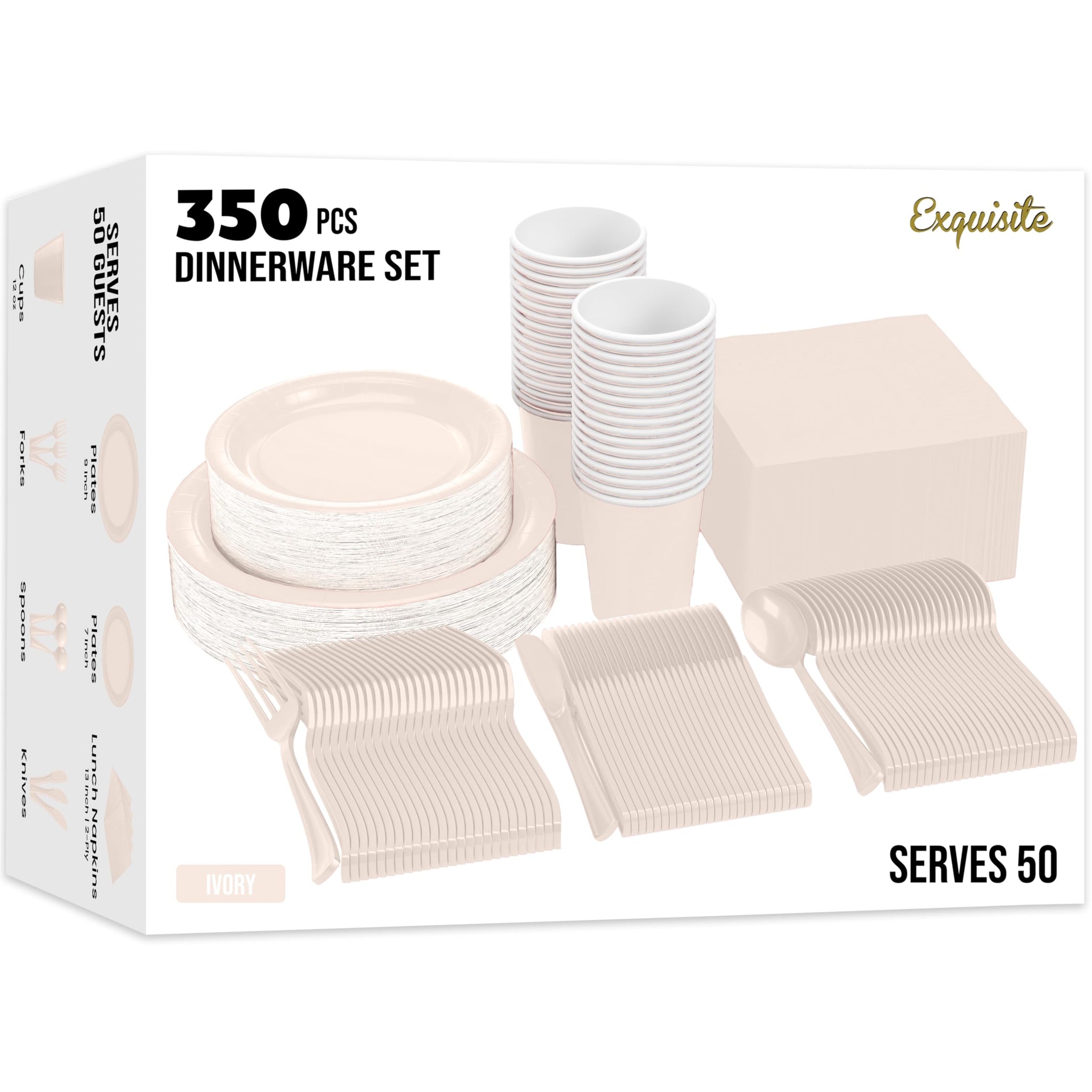 Exquisite 350 Pcs Ivory Paper Plates For Party, Ivory Disposable Plates Set, 50 Of Each 9" Dinner Plate Set, 7" Dessert Plate, Cups, Napkins & Cutlery