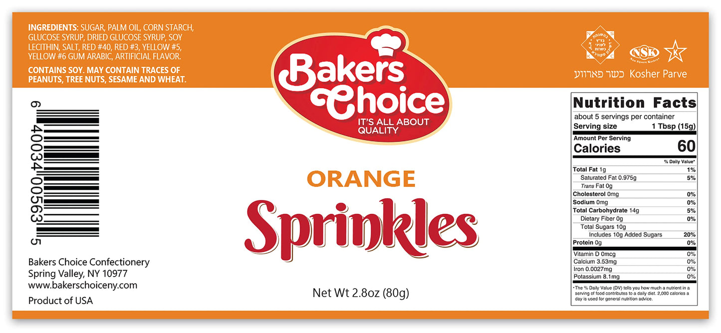 Bakers Choice Orange Sprinkles for Baking - Jimmies Sprinkles for Ice Cream Toppings - Dairy Free, Kosher 2.8 oz.
