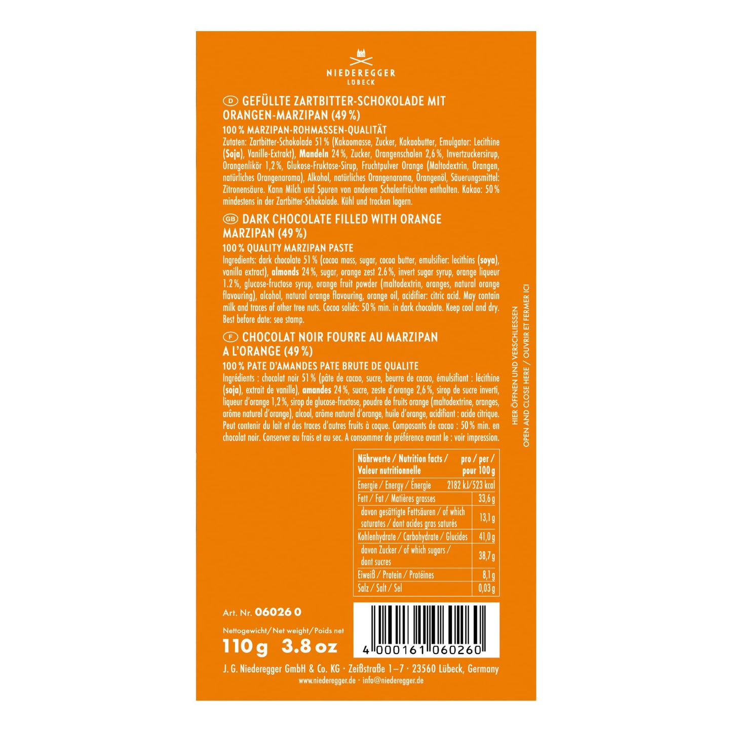 Niederegger Dark Chocolate Orange Marzipan Bar 110g/3.8 oz | Covered with crisp dark chocolate. | Authentic. Premium | Handcrafted in Germany since