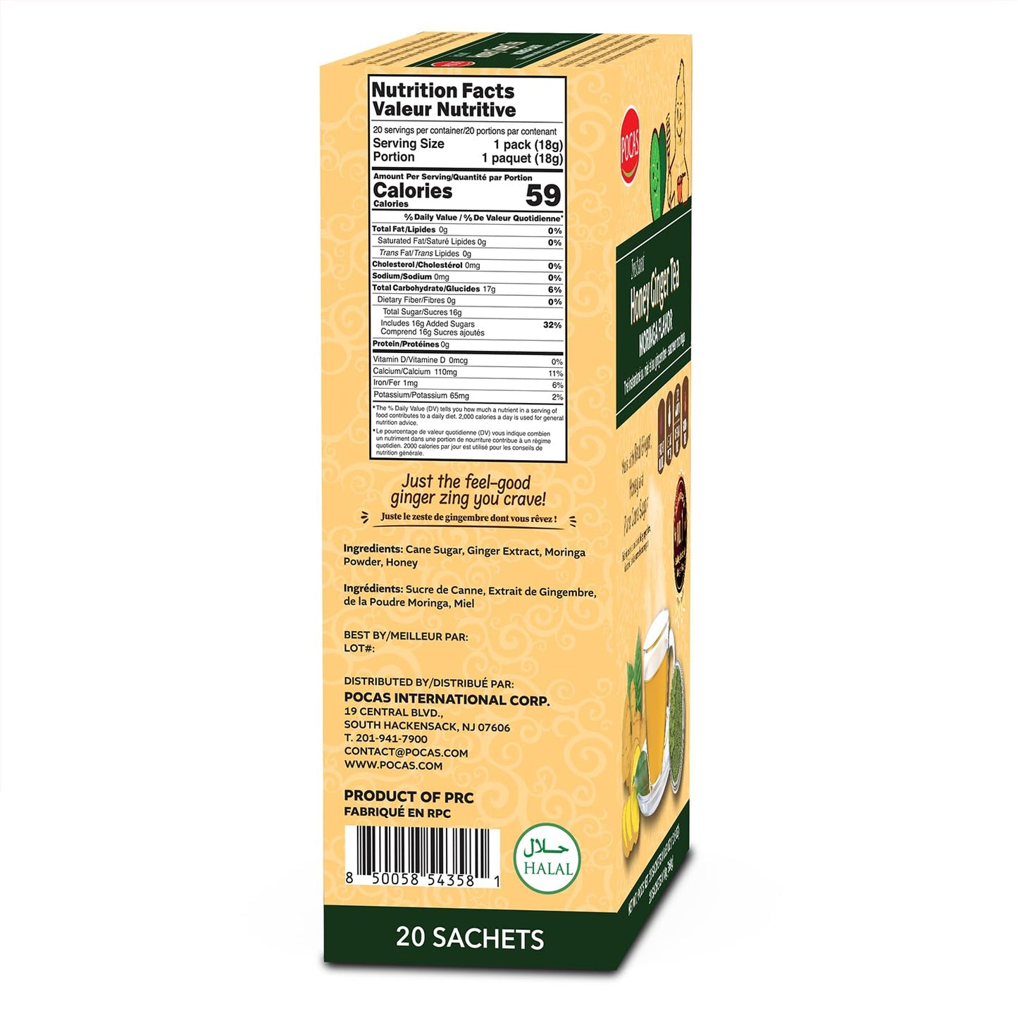 Pocas Honey Ginger Tea, Moringa Flavor, 2-Pack - Instant Tea Powder Packets with Real Ginger, Honey, and Pure Cane Sugar, Caffeine Free, 20 Count Ea