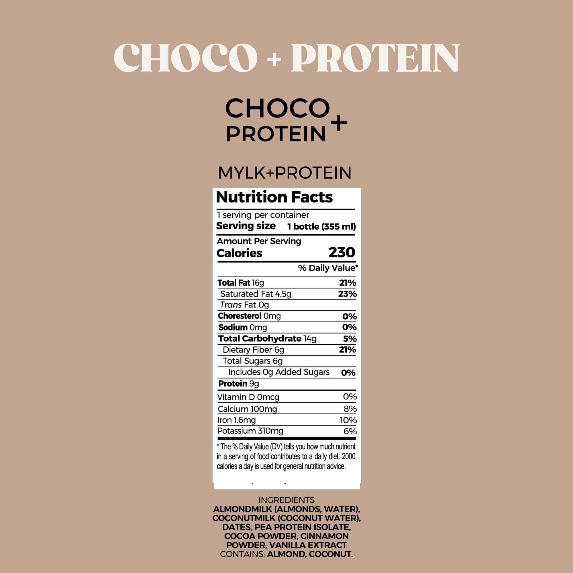 PUR Cold-Pressed Juice - Nut Mylk + Daily Protein 18 Pack - Choco - Plant-Based Drink with Almond & Coconut Milk, Dates, Pea Protein, Cocoa, Cinnamon