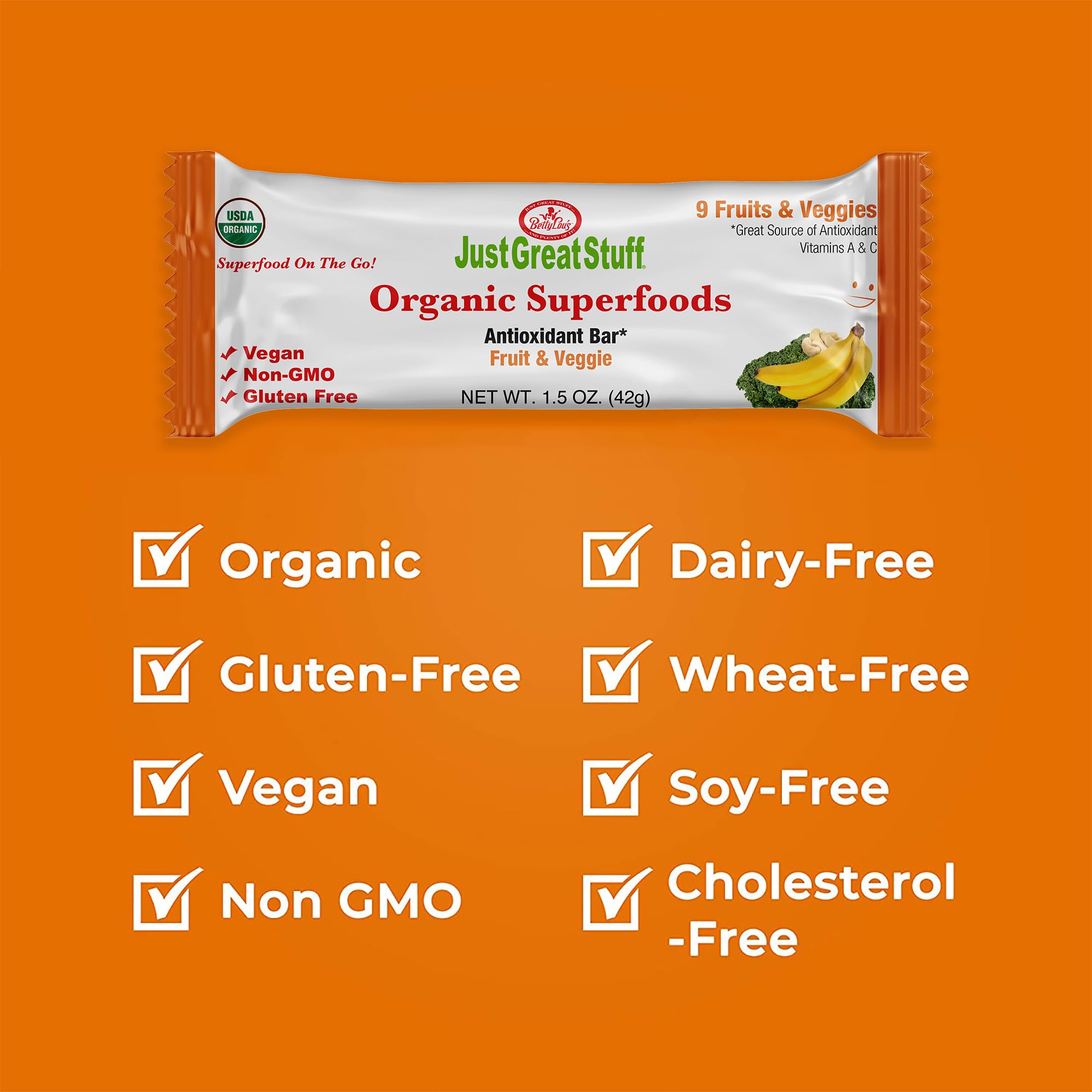 Just Great Stuff Organic Protein Bars, Superfood Fruit and Vegetable Bars, Gluten Free, Vegan, Non GMO, Snacks for Adults & Kids, Individually