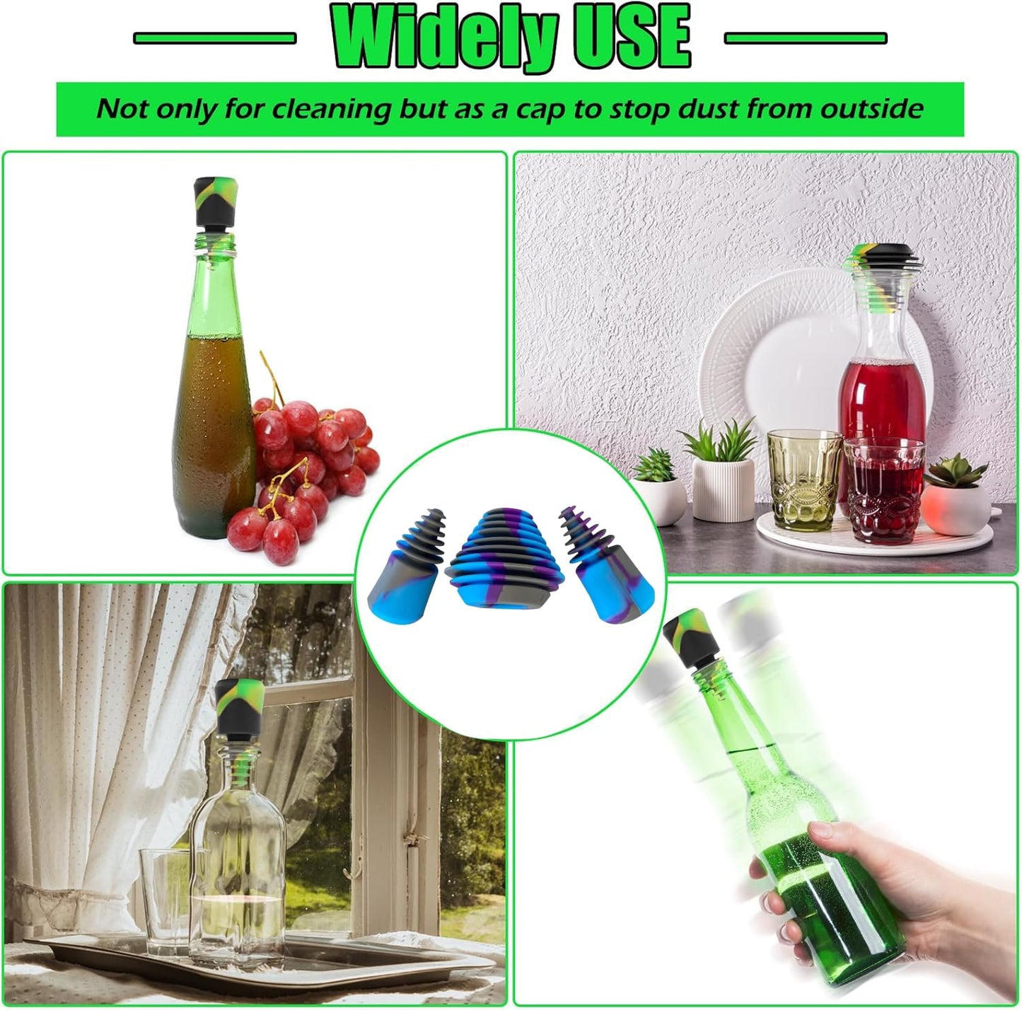 Green Piece® Three Silicone Purple Cleaning plugs + stoppers. Preserver Cap Airtight Bottle Plug Odor Proofing Glass, Plastic and Silicon Pieces