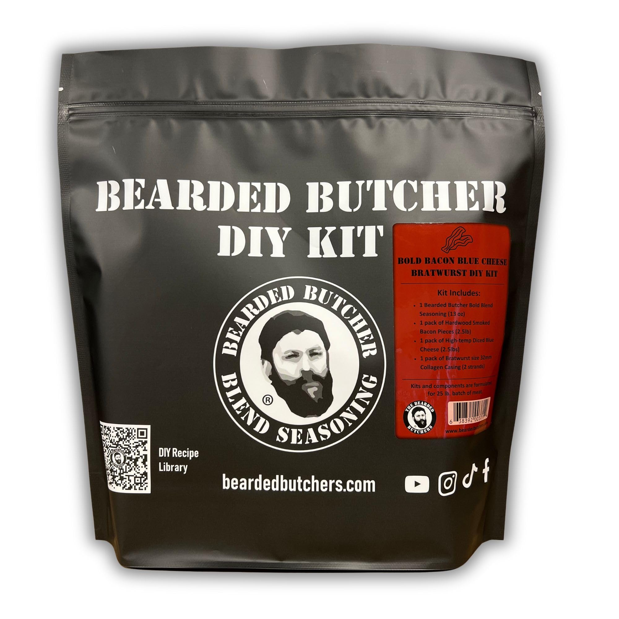 Bearded Butchers Bold Bacon Blue Cheese Bratwurst DIY Kit - Make Savory & Flavorful Homemade Brats - Includes Bold Seasoning, Bacon Pieces, Blue
