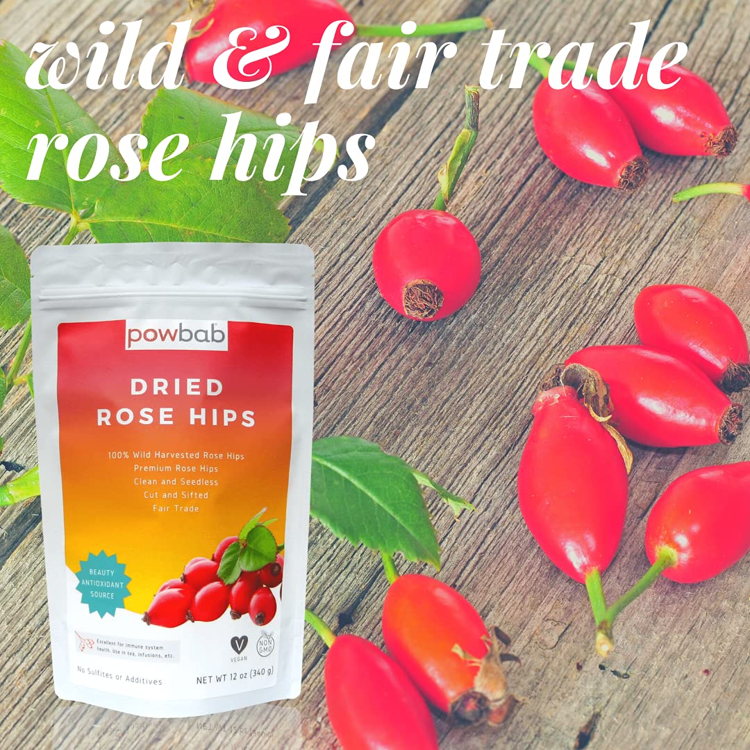 powbab Dried Rose Hips - 100% Organic Wild Rosehip Cut & Sifted. Premium Rosa Rubiginosa. Bulk Seedless Whole Dried Organic for Rose Hip Tea. No Added