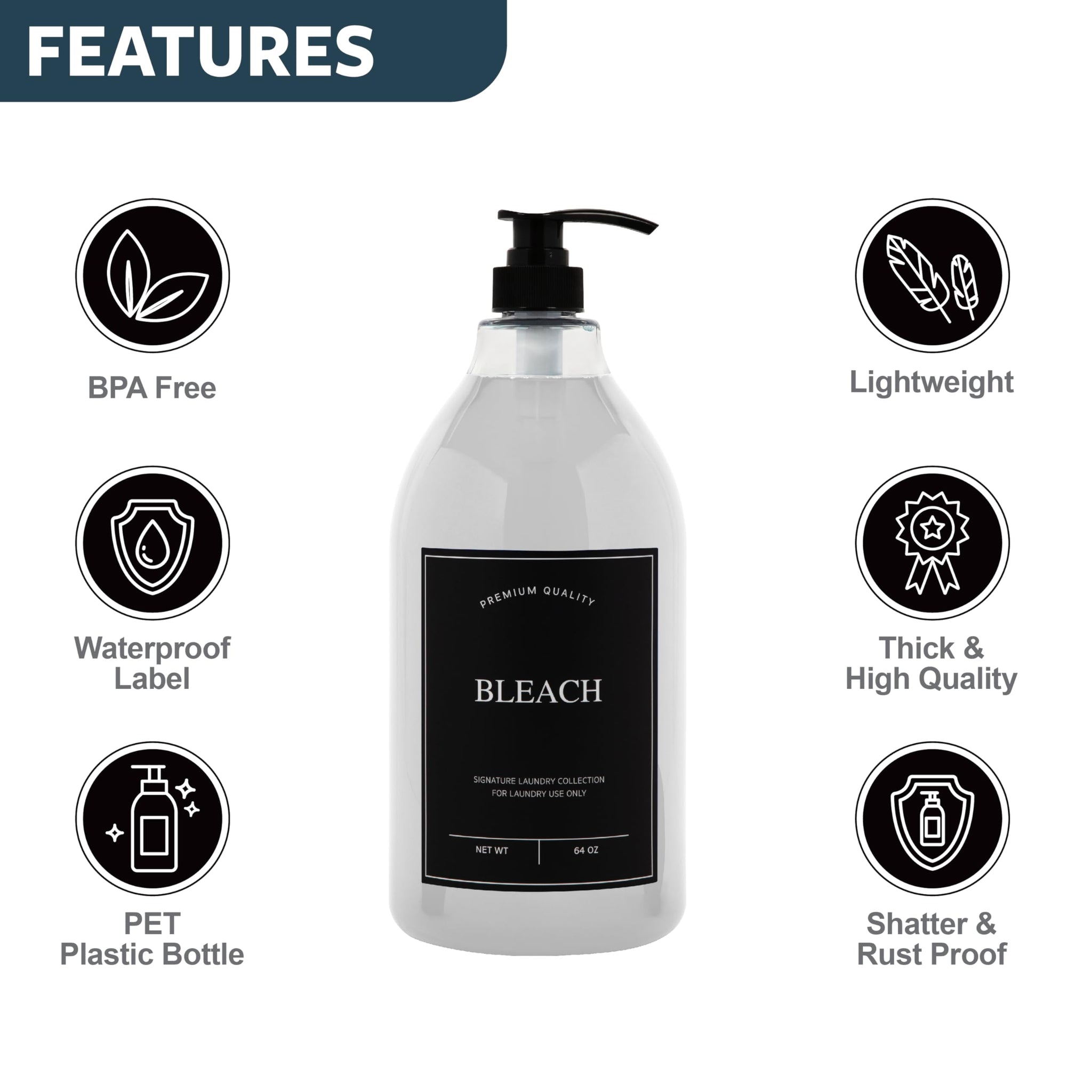 Calindiana Modern Farmhouse Bleach Liquid Laundry Detergent Dispenser for Laundry Room Decor and Organization, PET Plastic Landry Soap Containers
