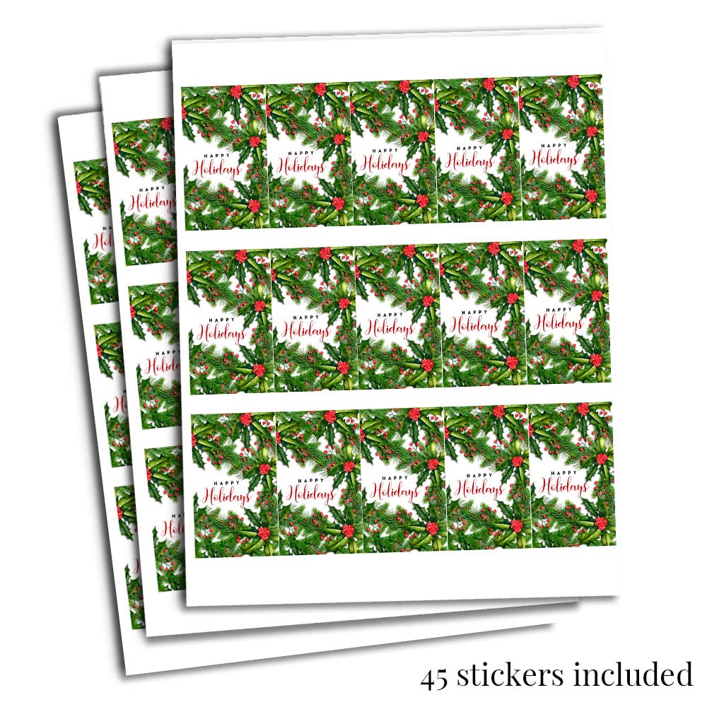Holiday Holly and Pine Miniature Chocolate Candy Bar Sticker Wrappers, 45 Wrap Around Labels Sized 1.4" x 2.6" by AmandaCreation, Great for Holiday