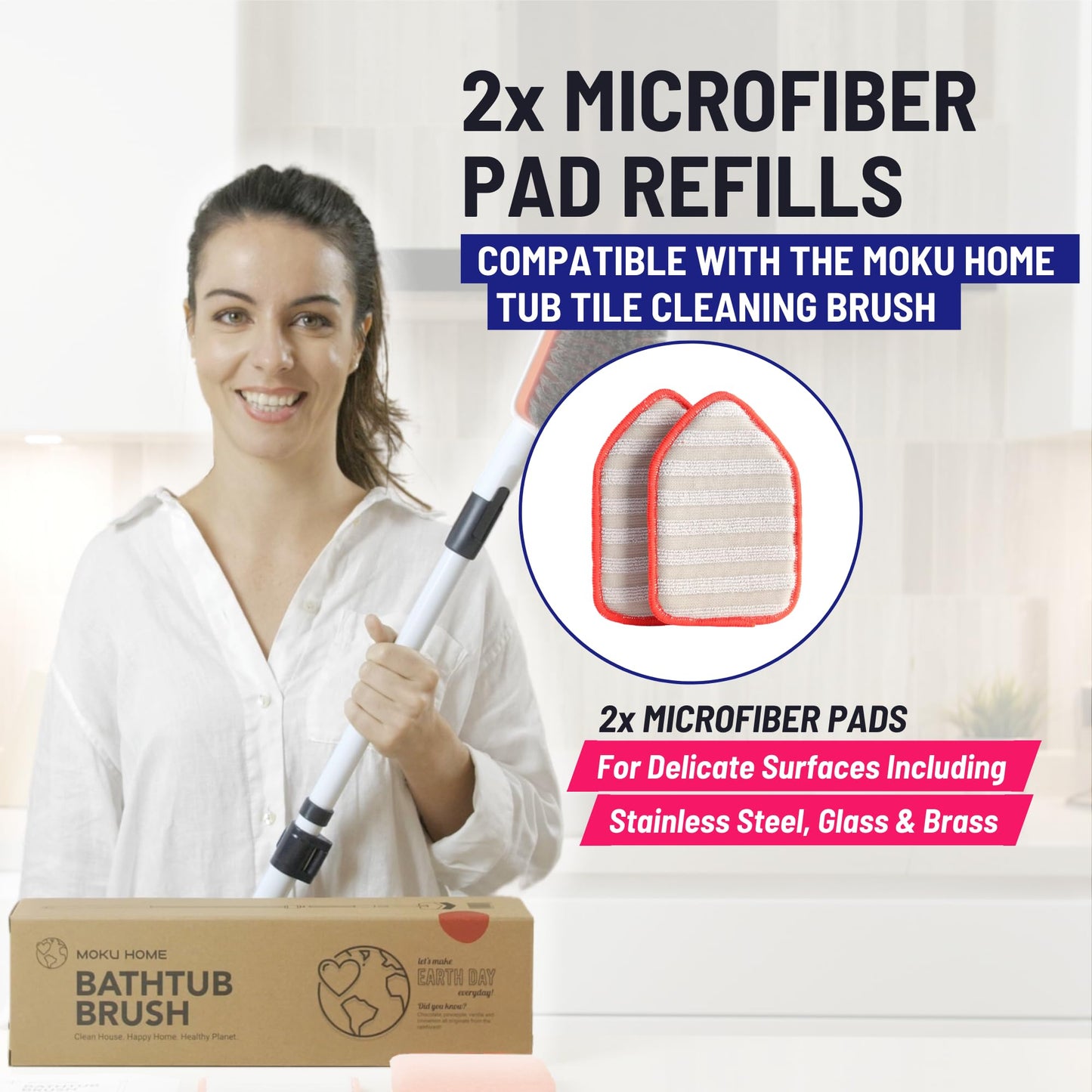 Moku Home Replacement Microfiber Pad for Moku Home Extendable Tub Tile Shower Scrubber for Cleaning Non-Scratch (2X Microfiber Pad Red)