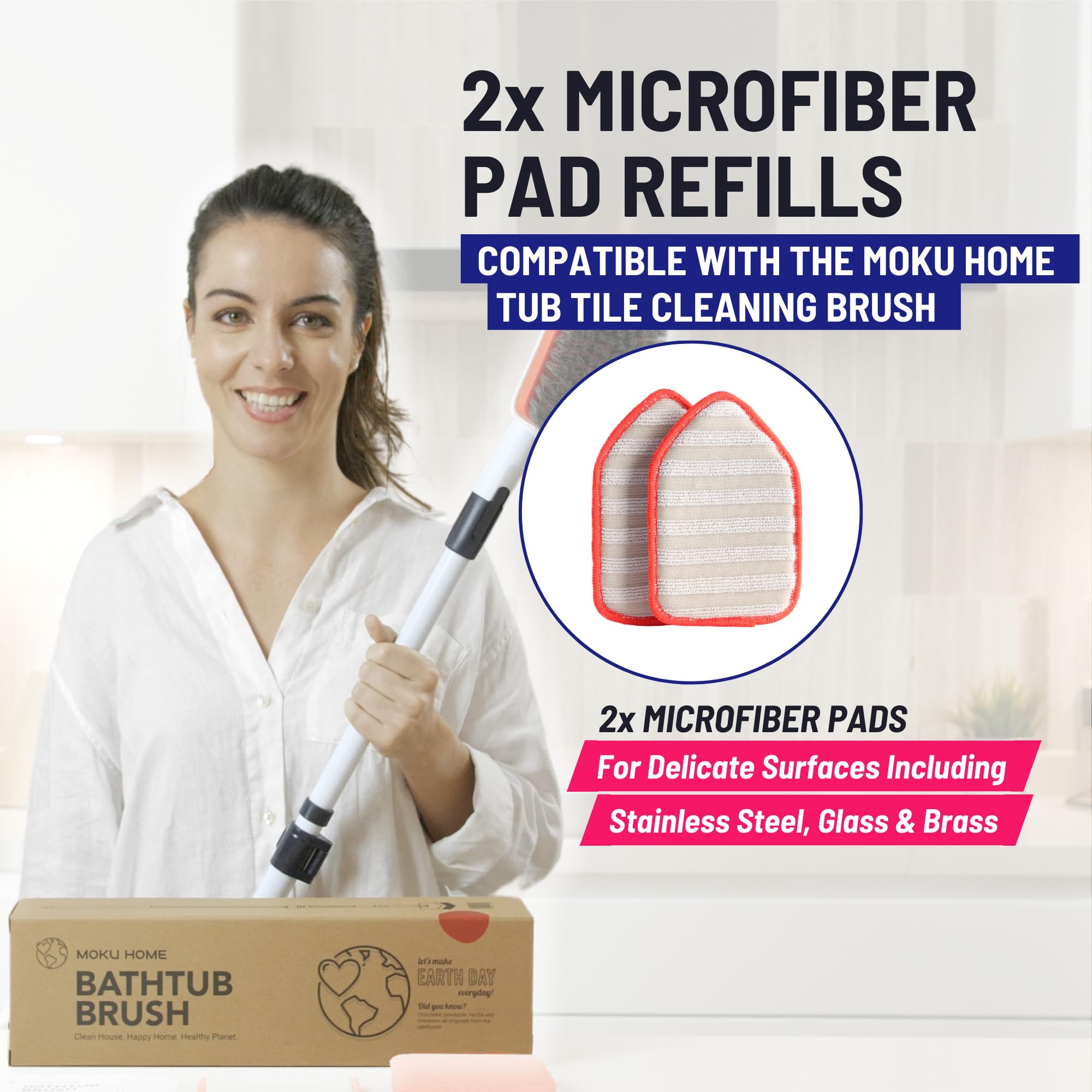 Moku Home Replacement Microfiber Pad for Moku Home Extendable Tub Tile Shower Scrubber for Cleaning Non-Scratch (2X Microfiber Pad Red)